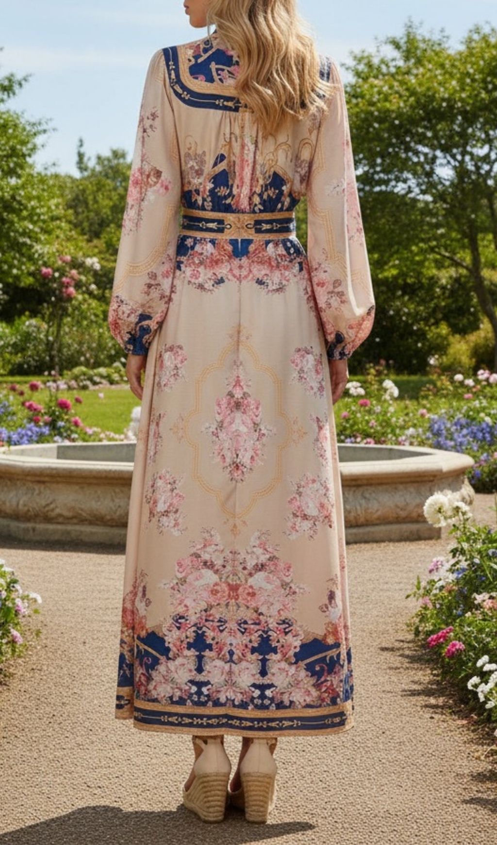Kamillia Elegant Navy & Blush Floral Belted Long Sleeve Maxi Dress