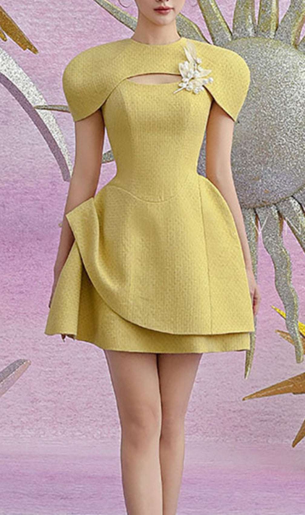 Conlan Yellow Flower Decor Mini Dress
