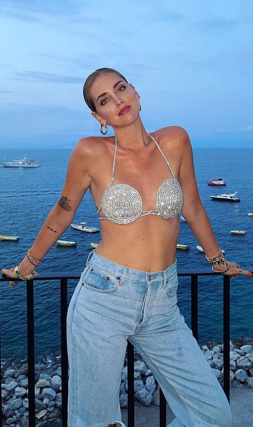 Rhinestone Embellished Silk Bra Top In Silver
