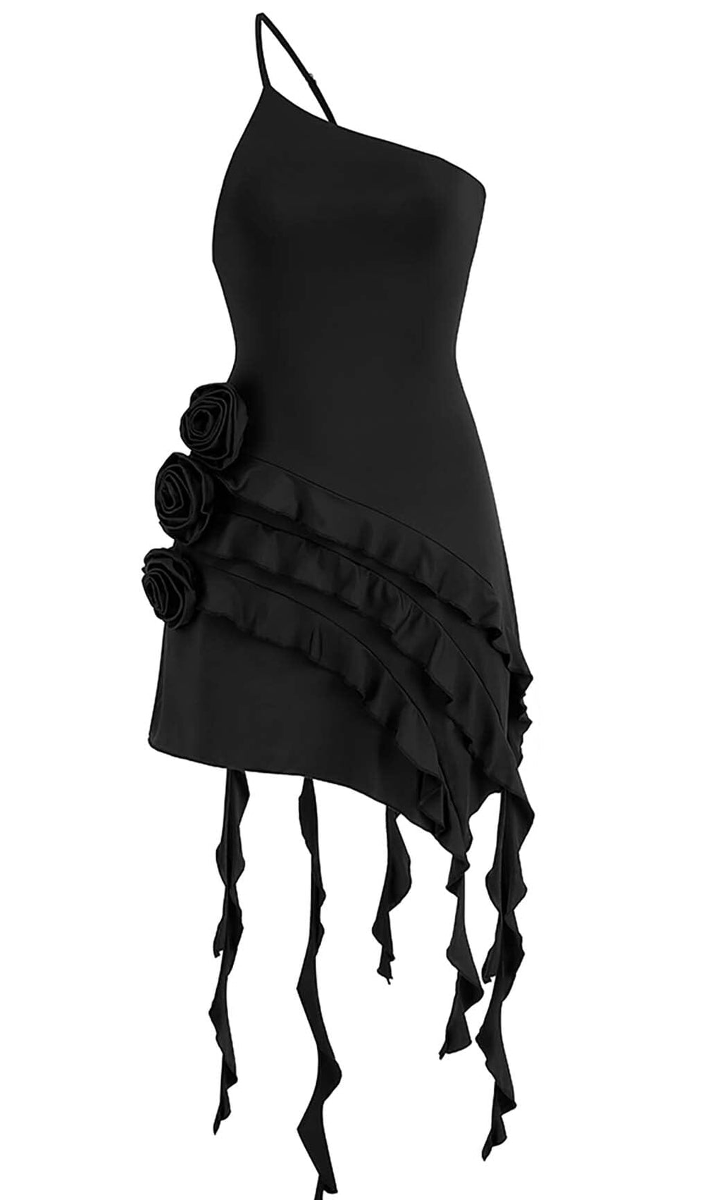 Rose-Detail Ruffled Mini Dress In Black