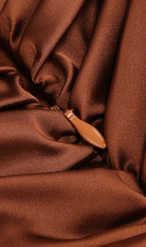 Jerom Opulent Brown Halter Ruched Mini Dress with Rosette Detail