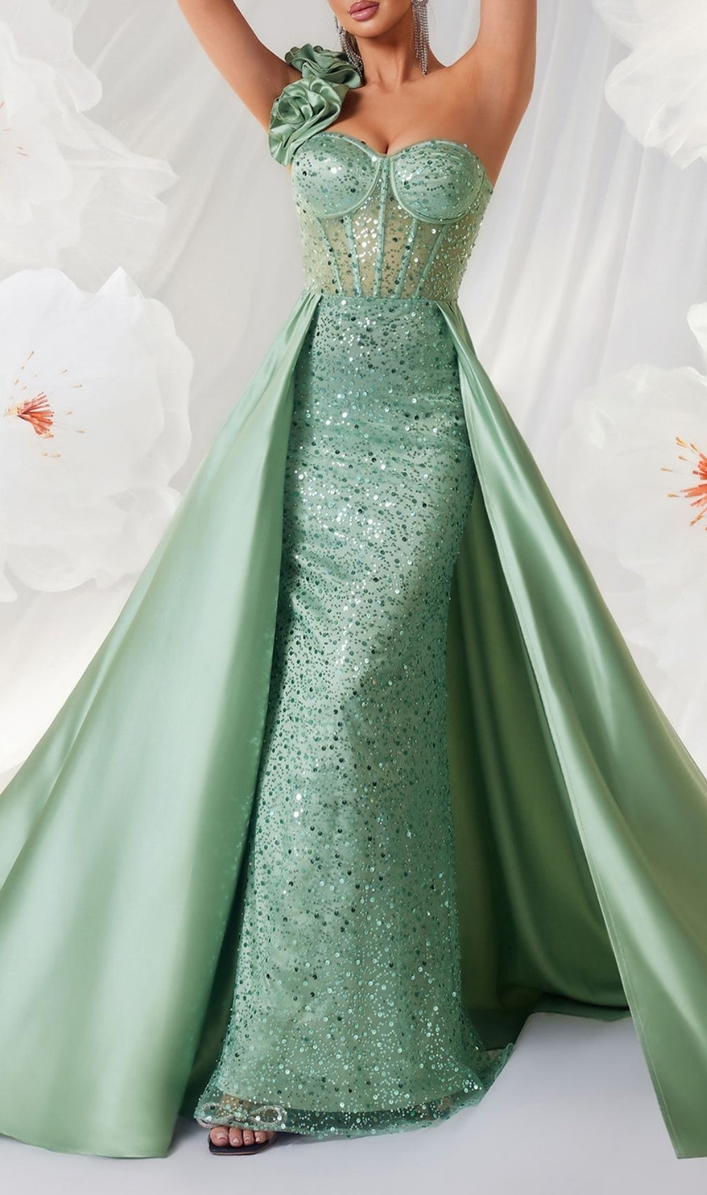 Stunning Kendi Green One-Shoulder Corset Sequin Maxi Gown
