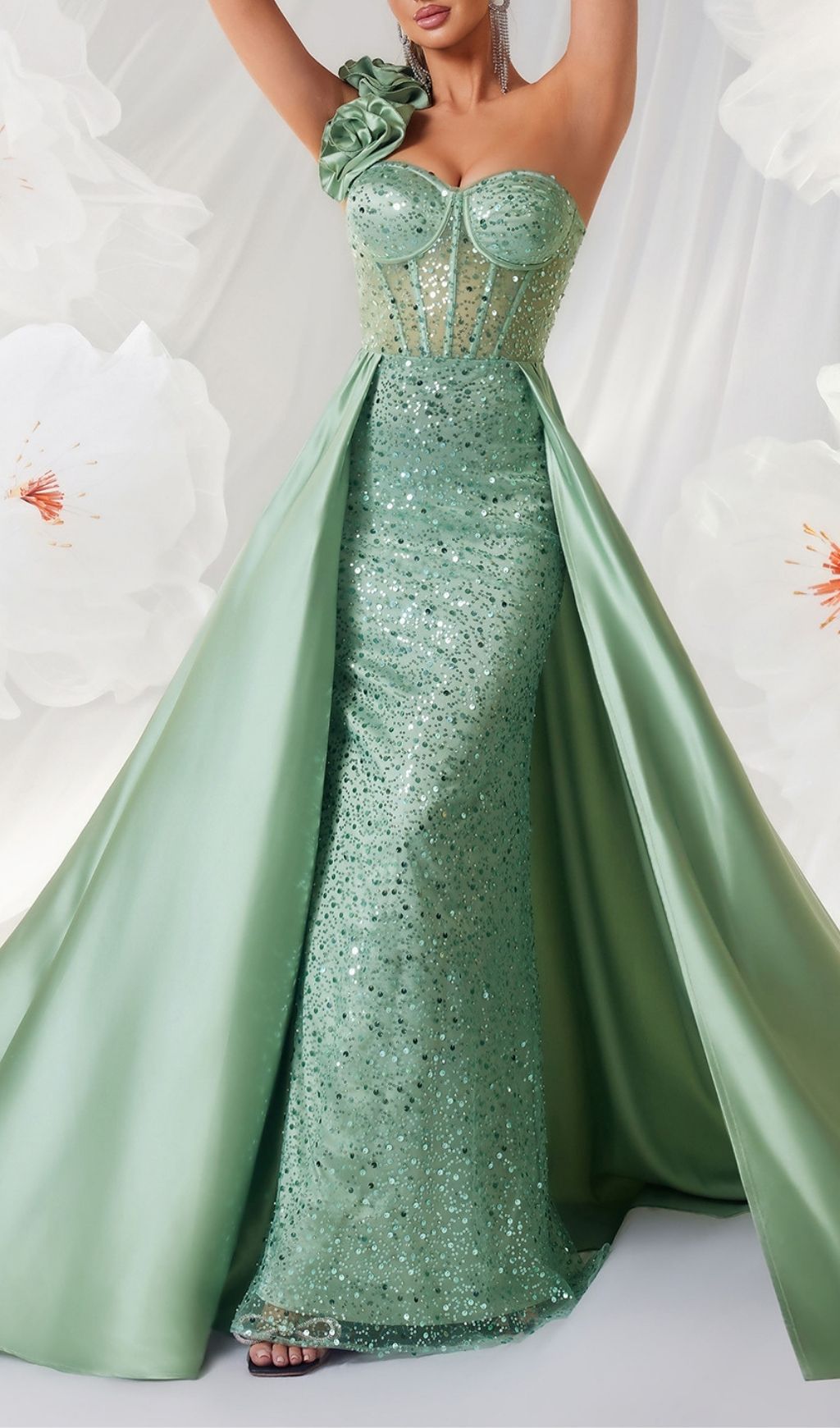Stunning Kendi Green One-Shoulder Corset Sequin Maxi Gown