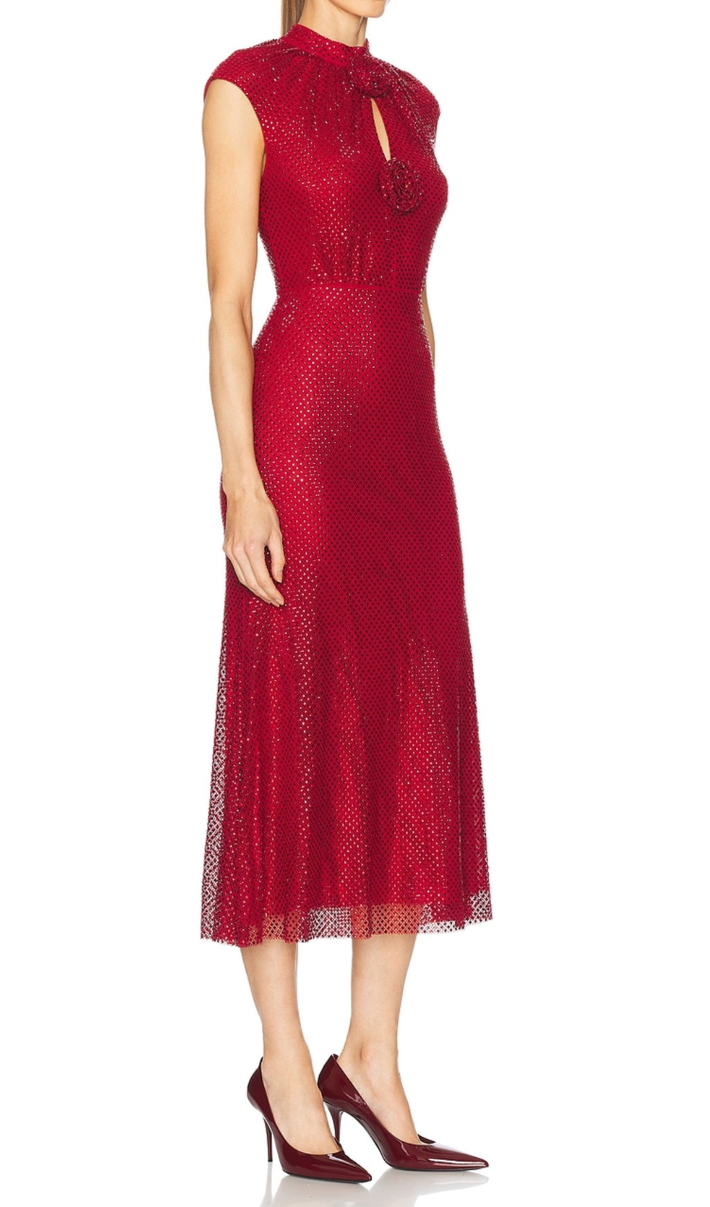 Dagfrid Red Flower Crystal Midi Dress