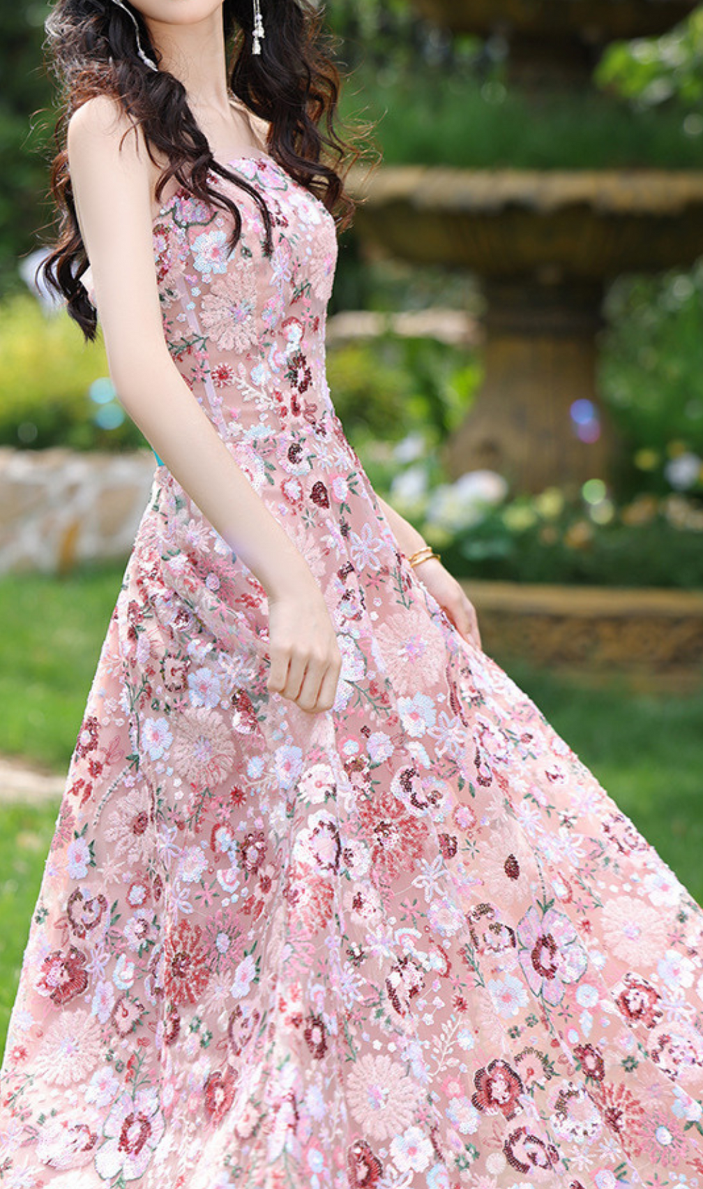 Geovany Pink Strapless Flower Sequin Maxi Dress