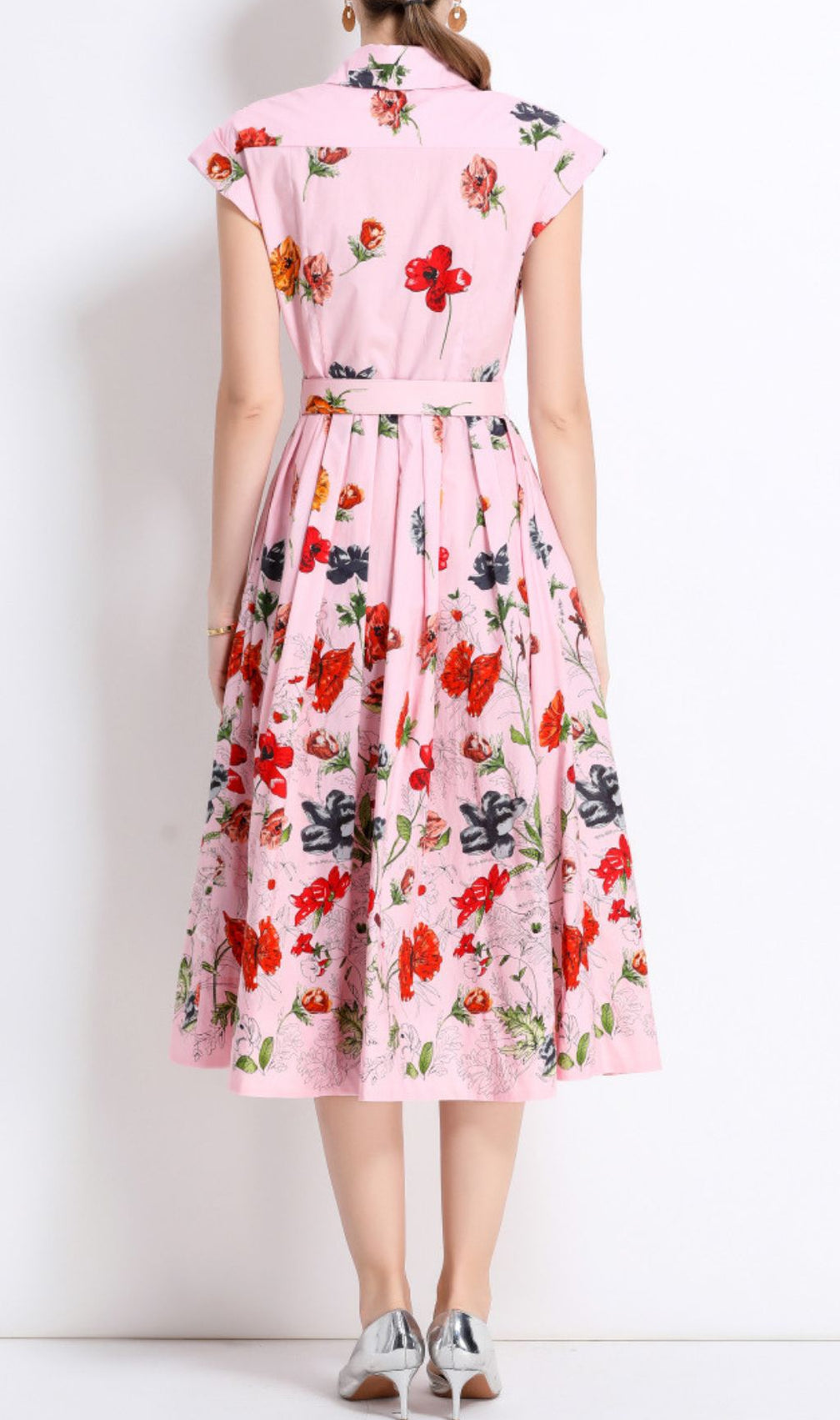 Fusca Pink Flower Printed Midi Dress