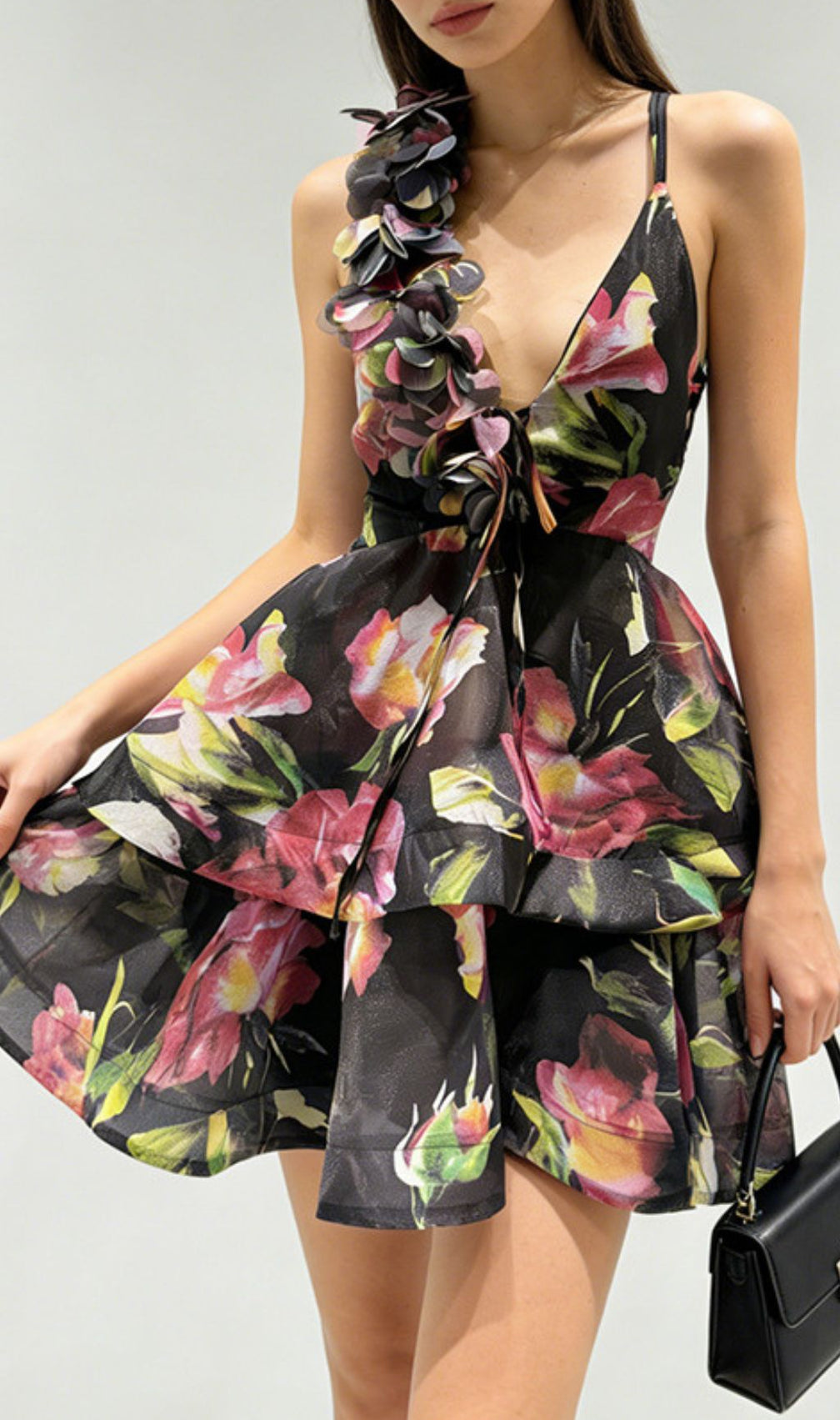 The Jadey: Vibrant Floral Tiered Mini Dress with Asymmetrical Petal Strap