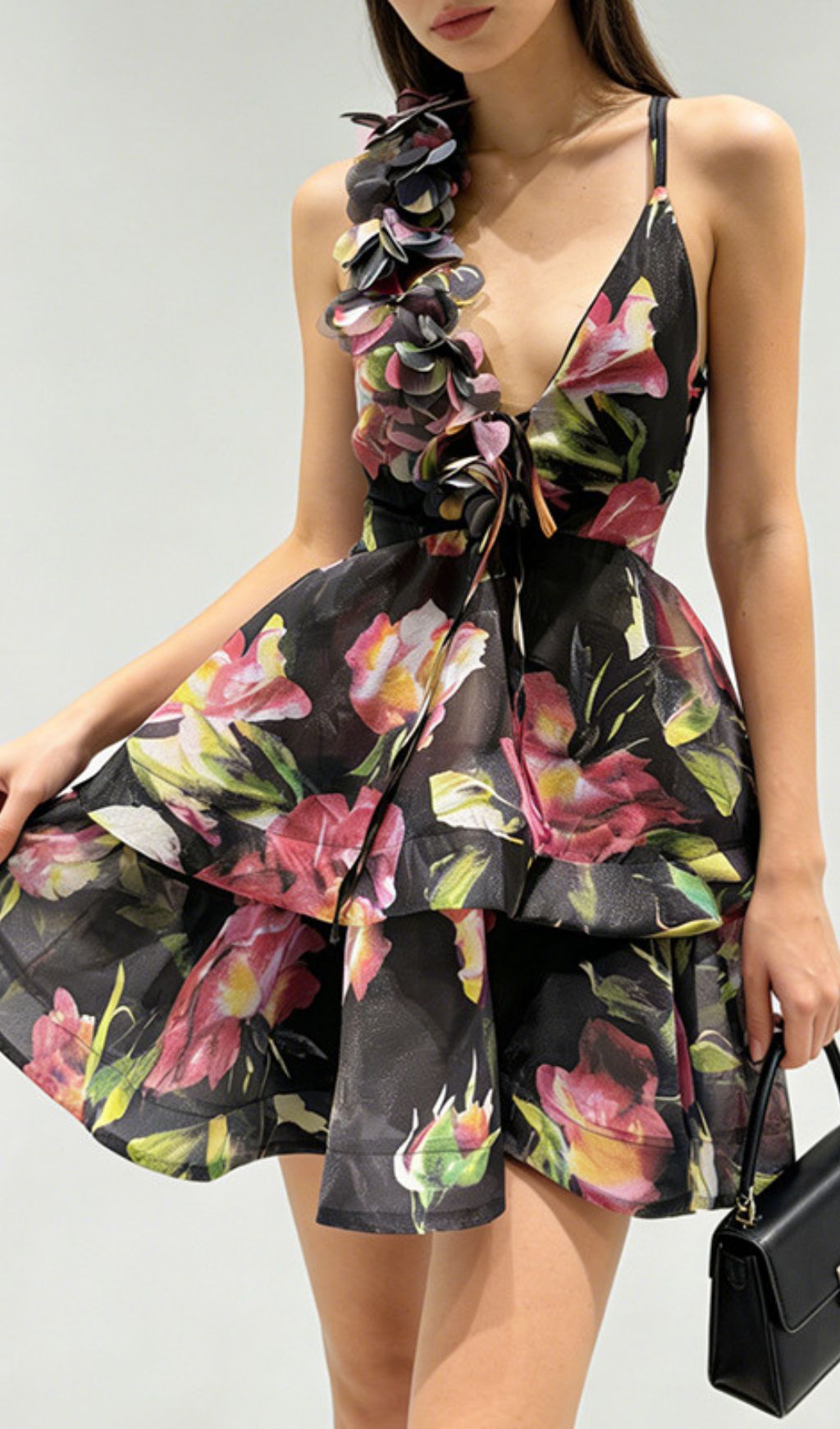 The Jadey: Vibrant Floral Tiered Mini Dress with Asymmetrical Petal Strap
