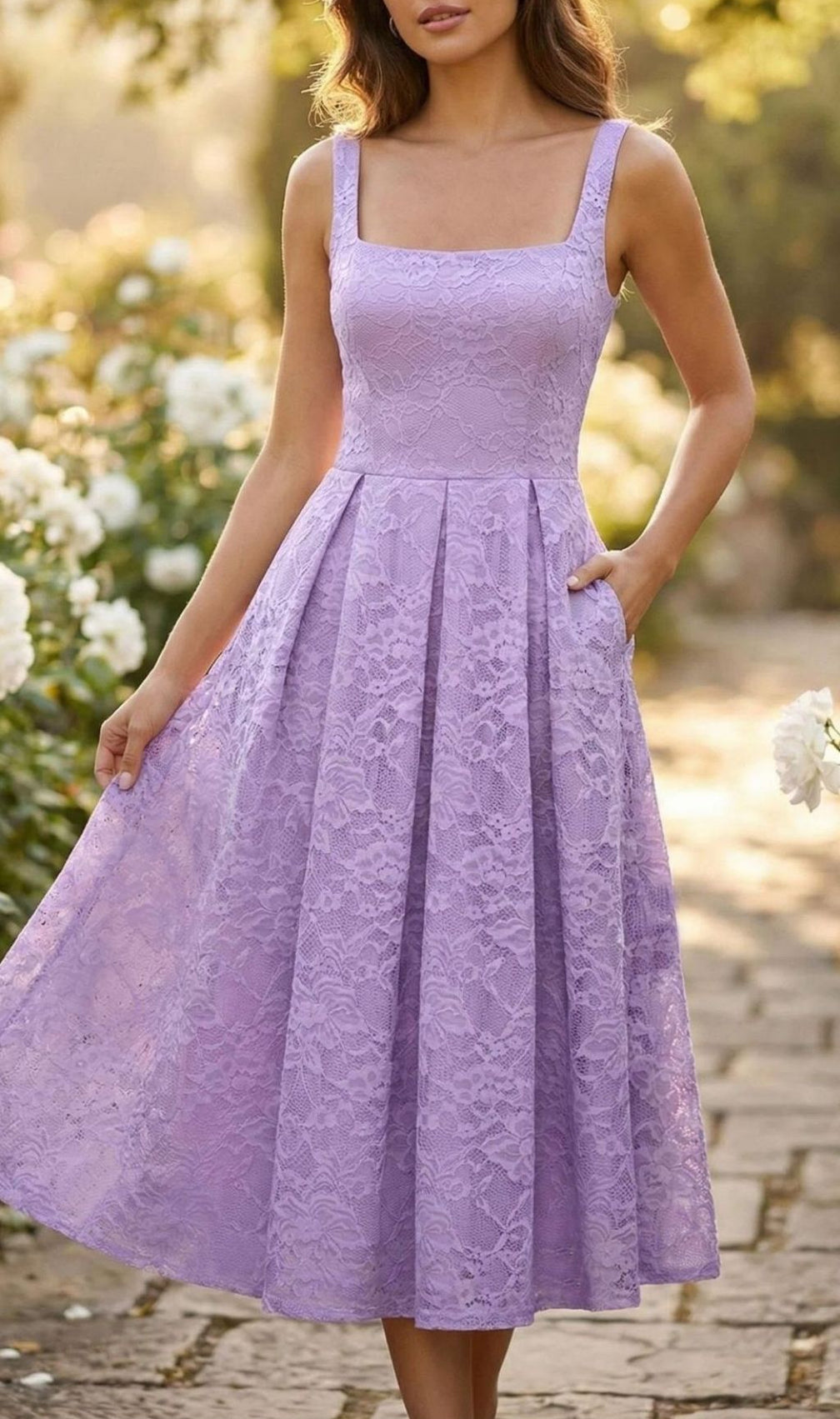 Keona Chic Lavender Lace Square Neck Midi Dress with Pockets