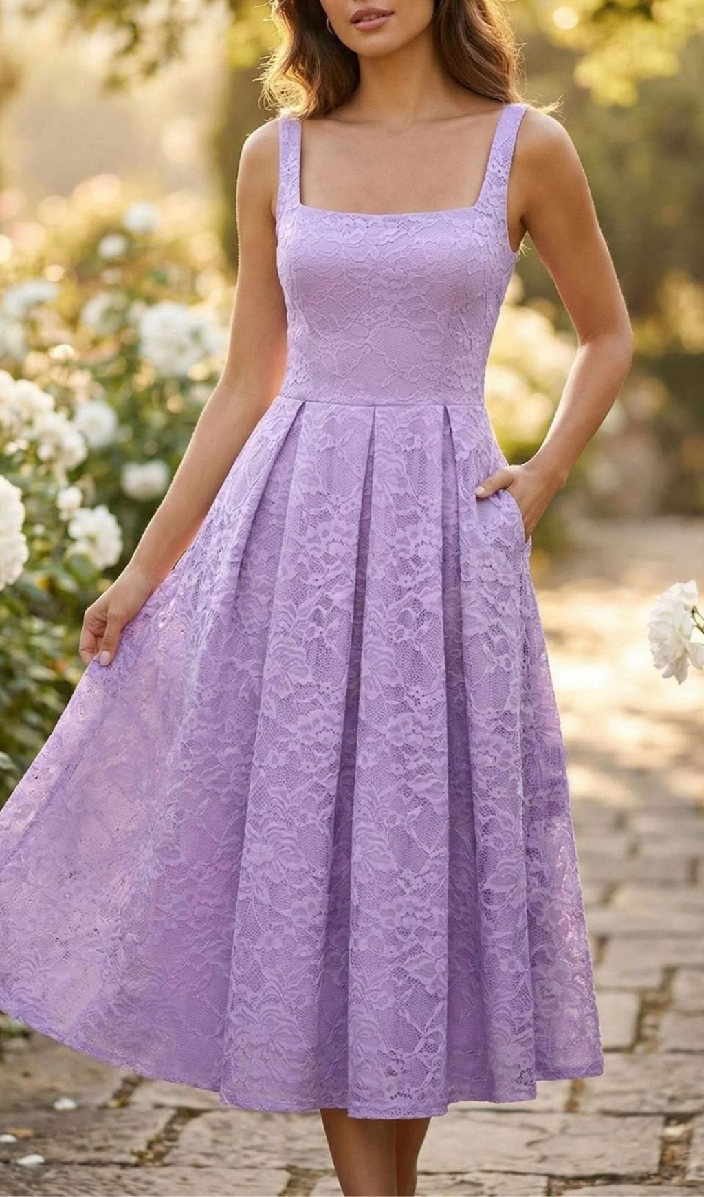 Keona Chic Lavender Lace Square Neck Midi Dress with Pockets