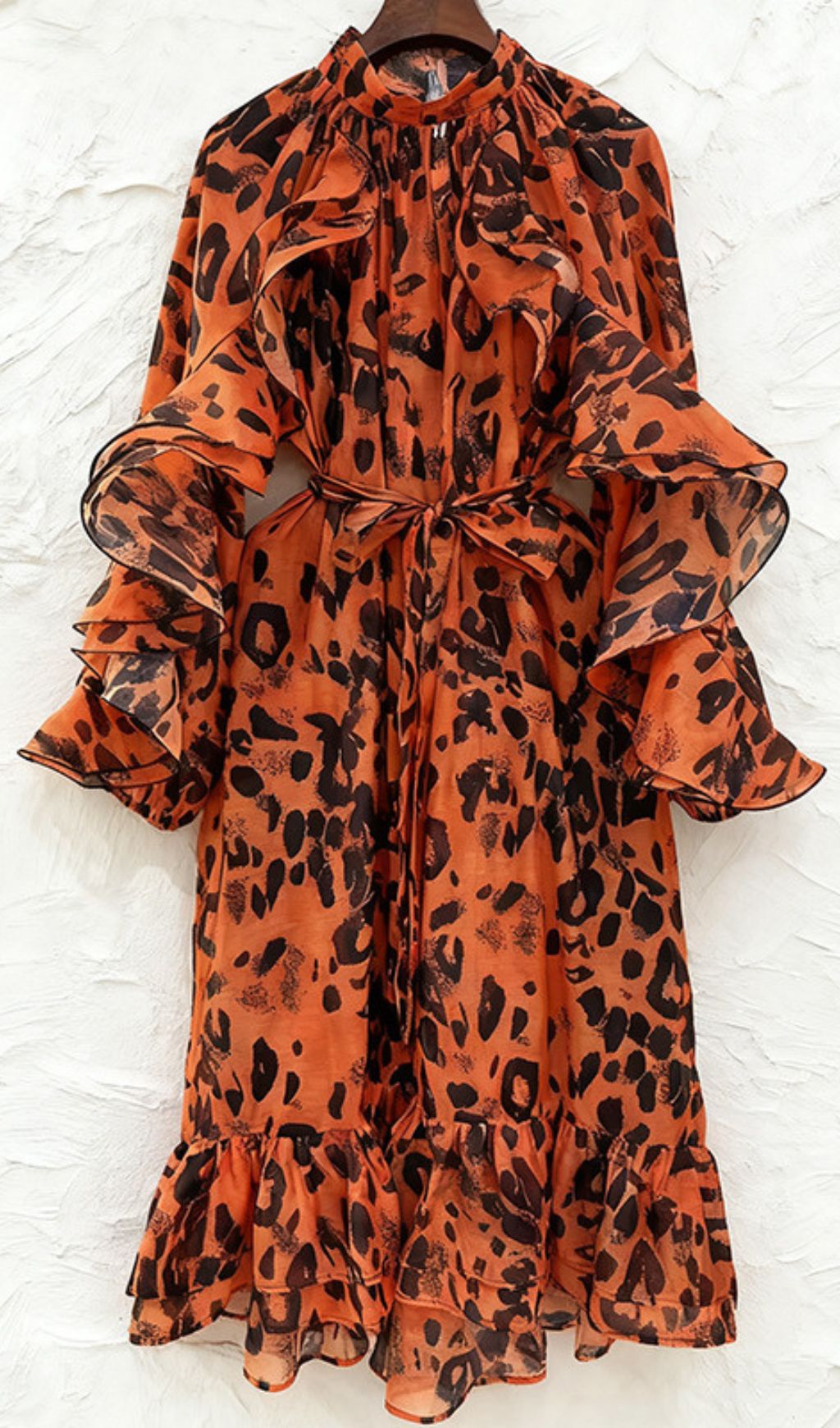 Chic Orange Leopard Ruffle Midi Dress | Long Sleeve Statement Style
