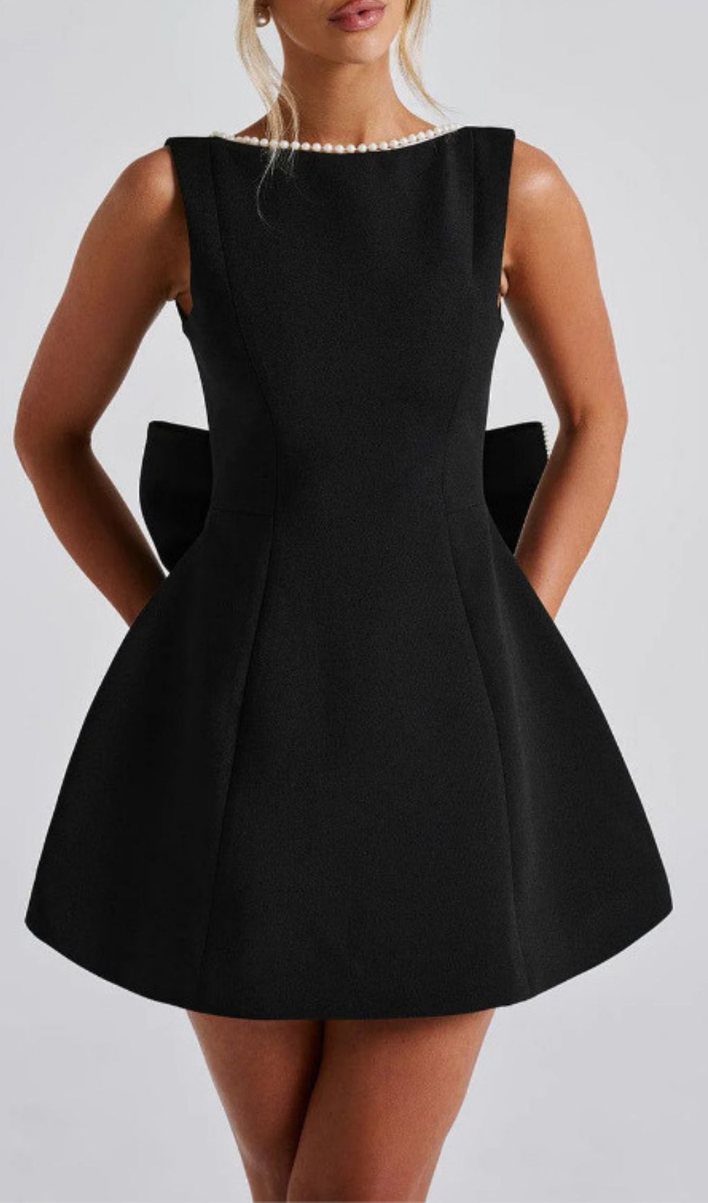 Eimear Black Satin Pearl Bow Backless Mini Dress