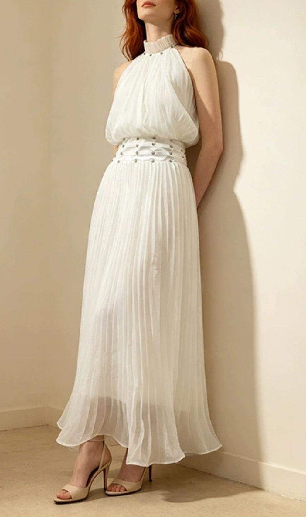 Brithoran Elegant Studded Halter Pleated Maxi Dress