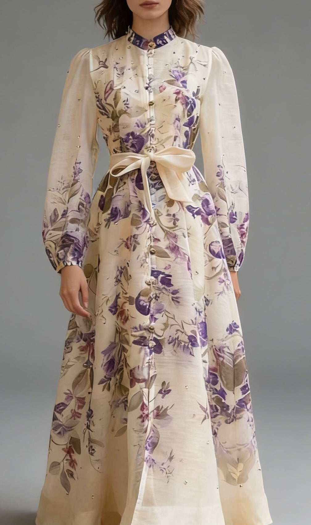 Karla Elegant Floral Maxi Dress | Long Sleeve Button-Front with Tie-Waist
