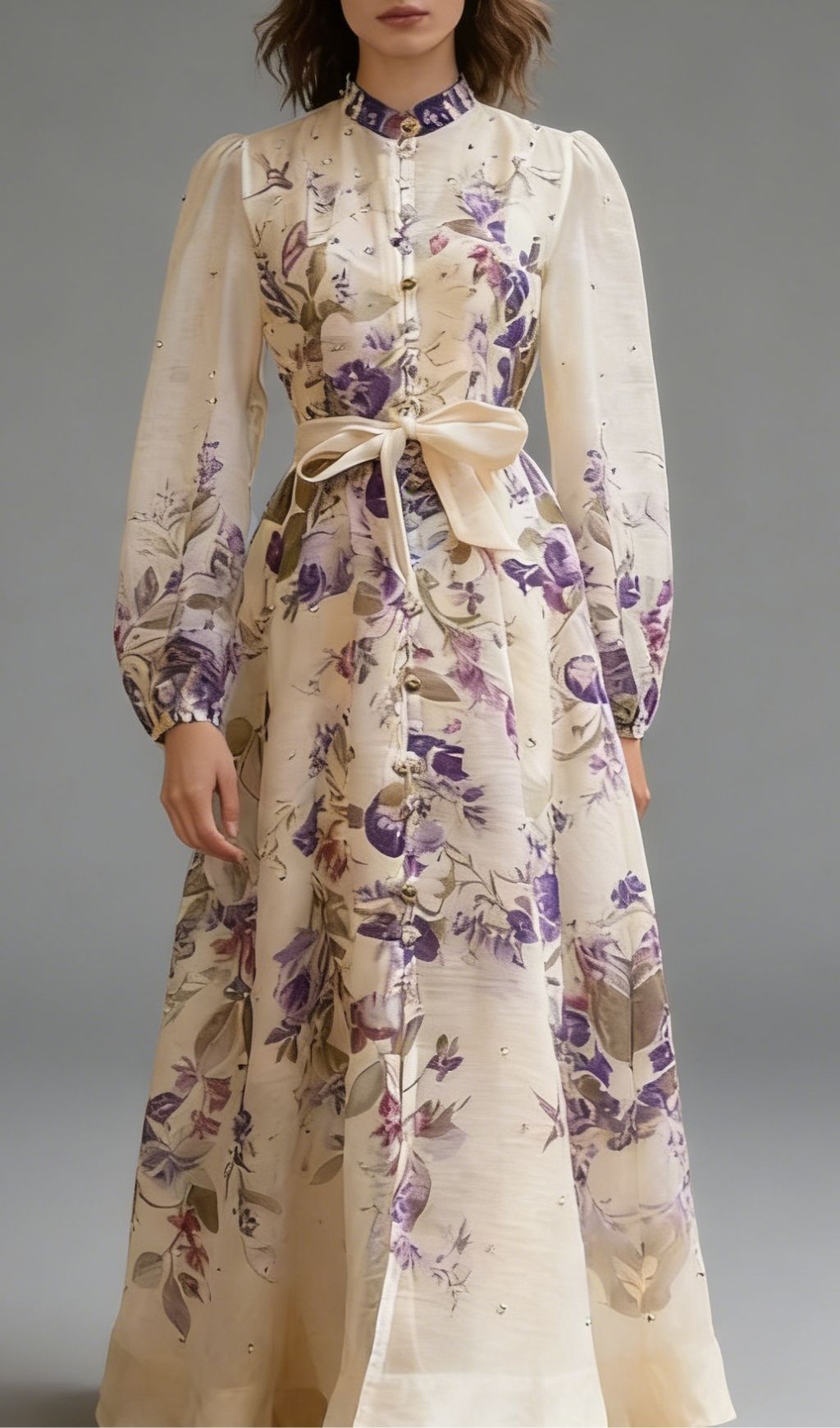 Karla Elegant Floral Maxi Dress | Long Sleeve Button-Front with Tie-Waist