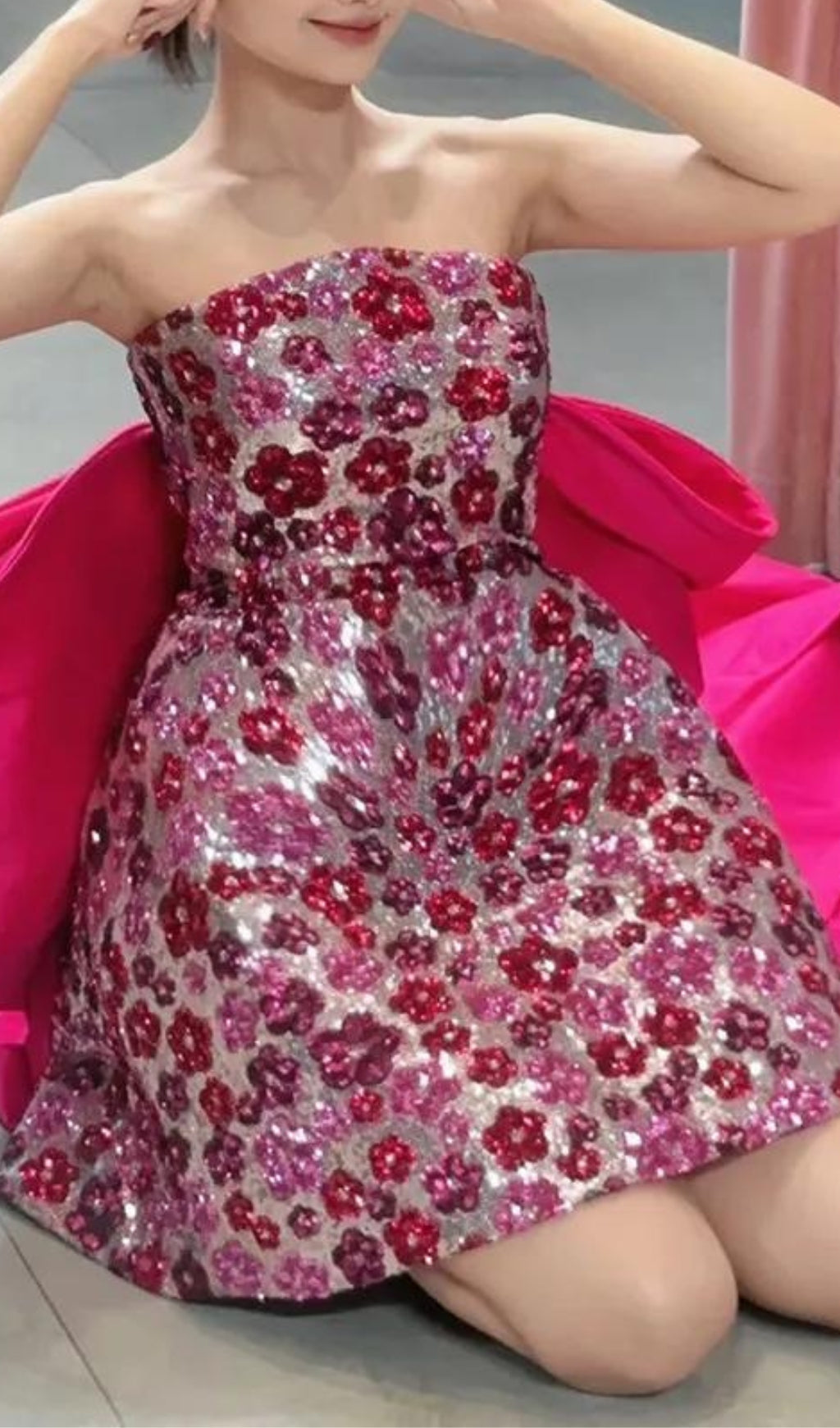 Aizah Pink Flower Sequin Mini Dress