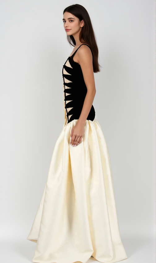 SARA Chic Black & White Satin Maxi Gown with Braided Side Detail - Elegant Evening Dress