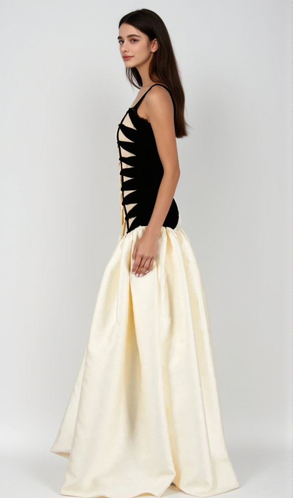 SARA Chic Black & White Satin Maxi Gown with Braided Side Detail - Elegant Evening Dress