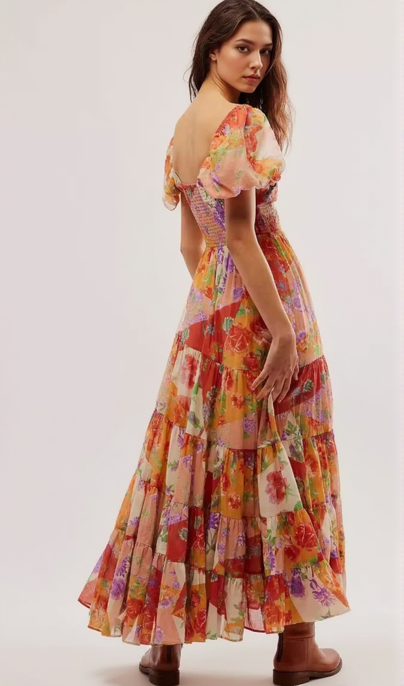 PUFF SLEEVE FLORAL PRINTED MAXI DRESS