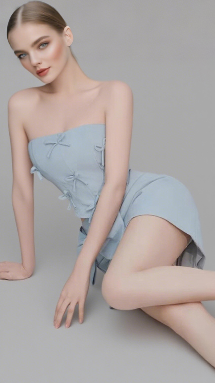Bow Embellished Two-Piece Set In Blue