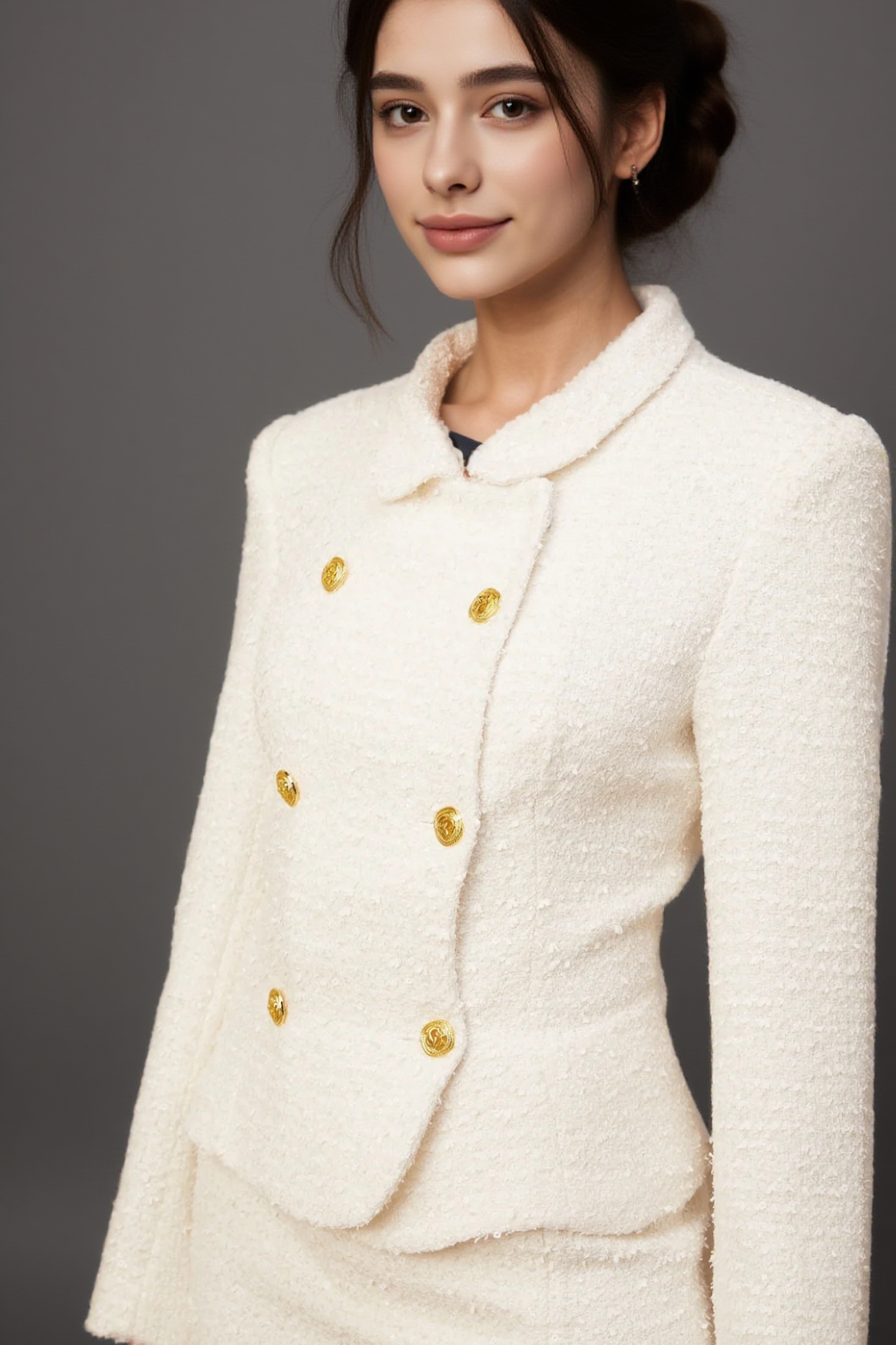 Carlotta white double-breasted tweed jacket & skirt matching set
