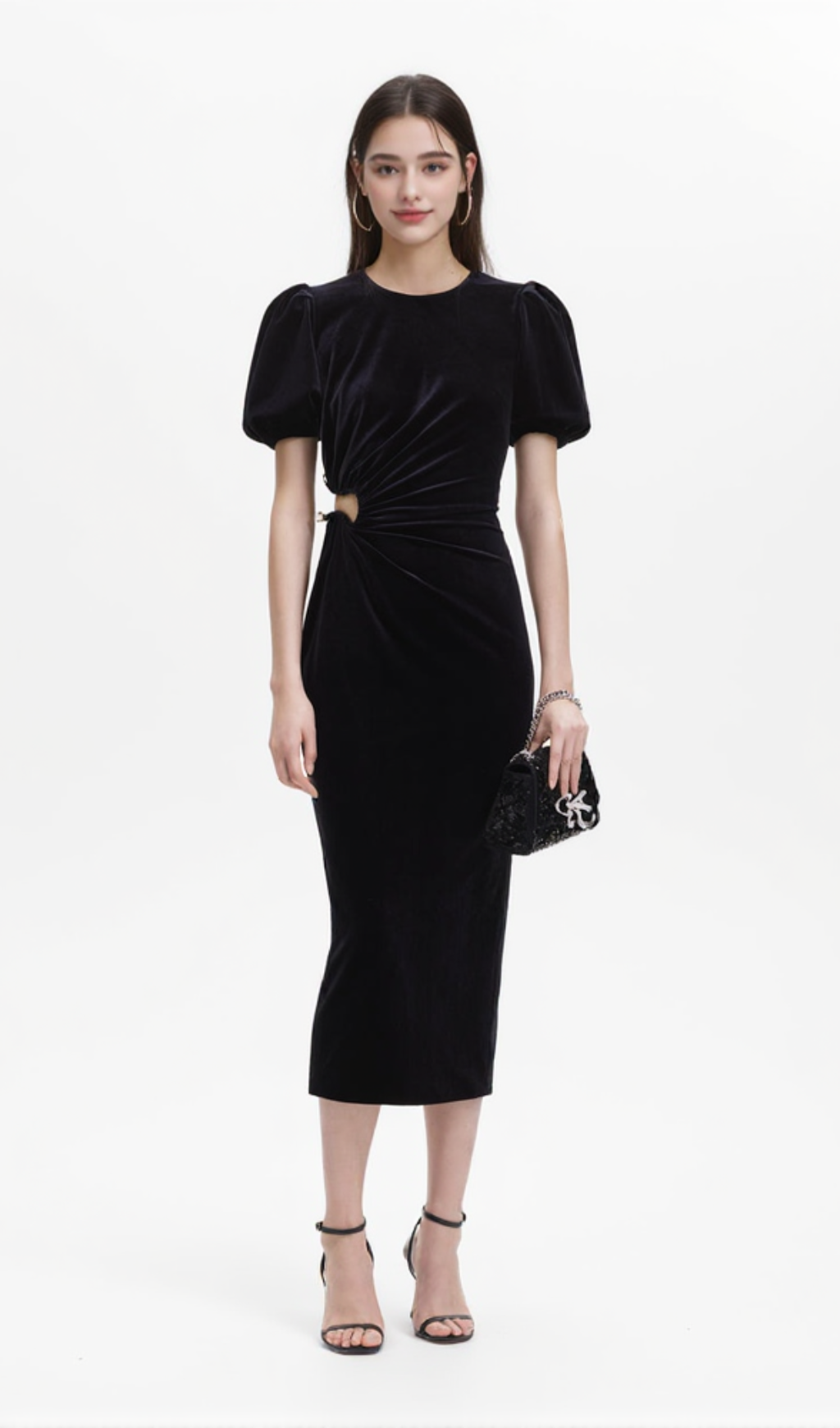 pleated velvet cut-out midi dress in black