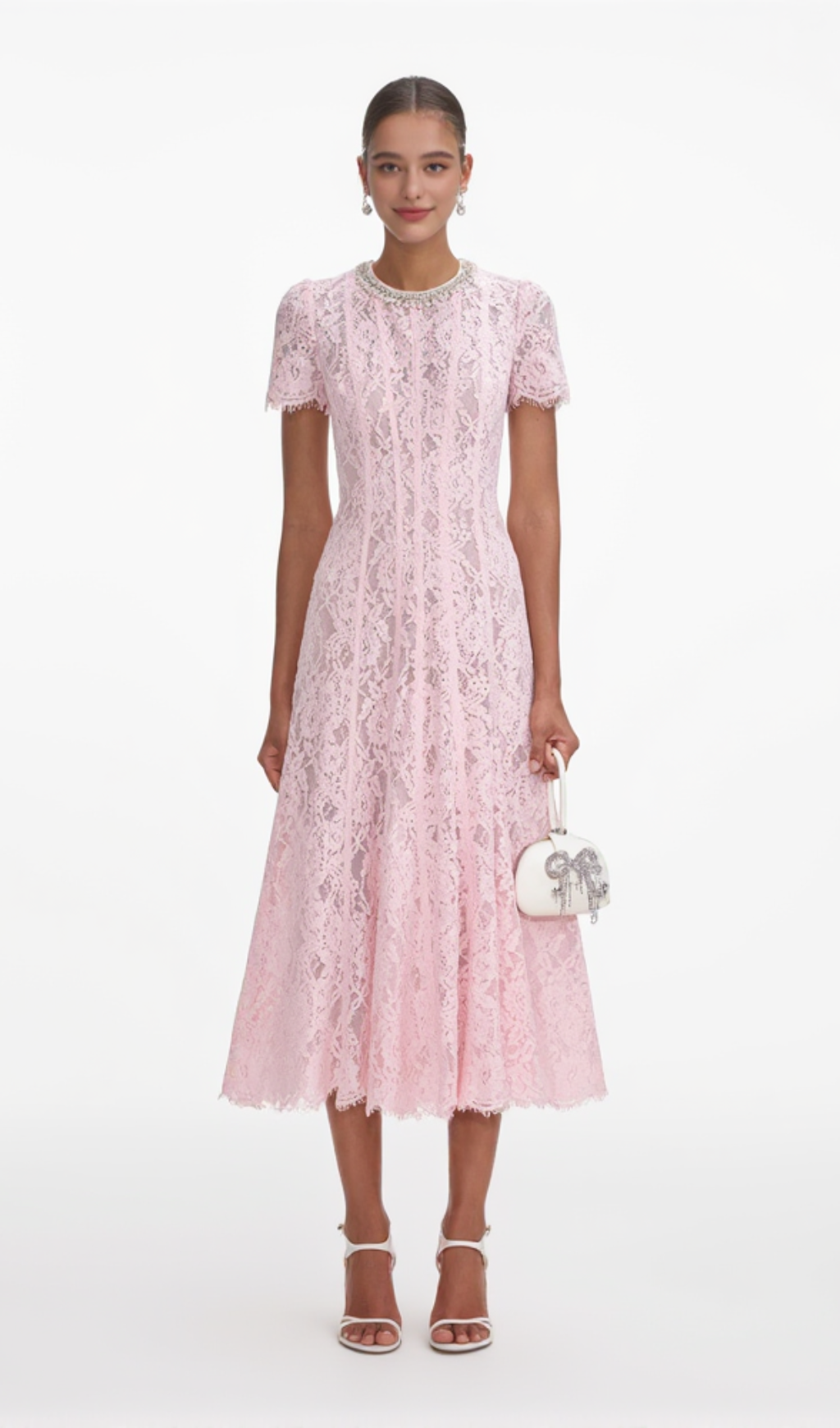 Sequin Floral Lace Midi Dress in pink