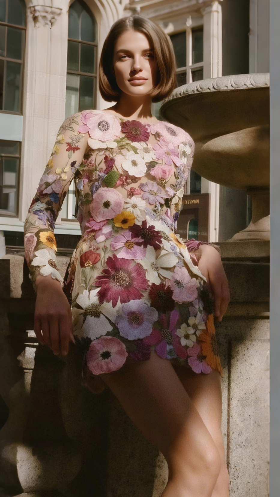 Embroidered Flower Long Sleeve Mini Dress