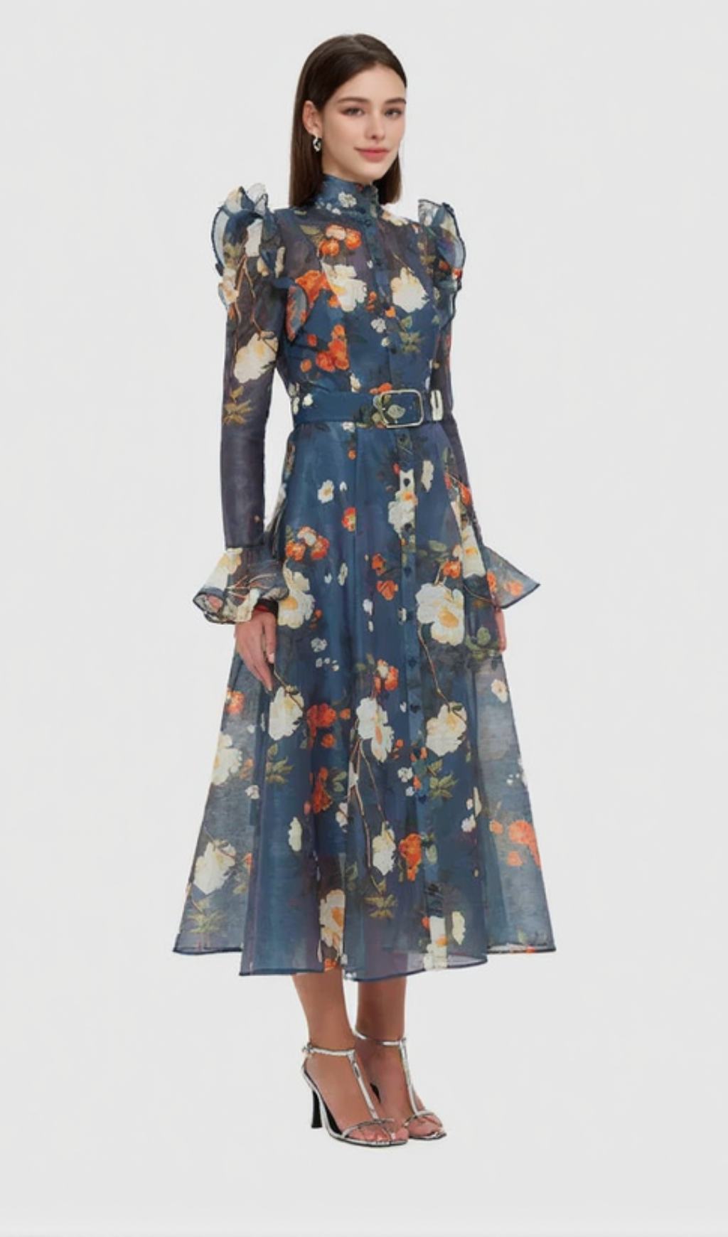 Pear Blossom Print Butterfly Sleeve Midi Dress