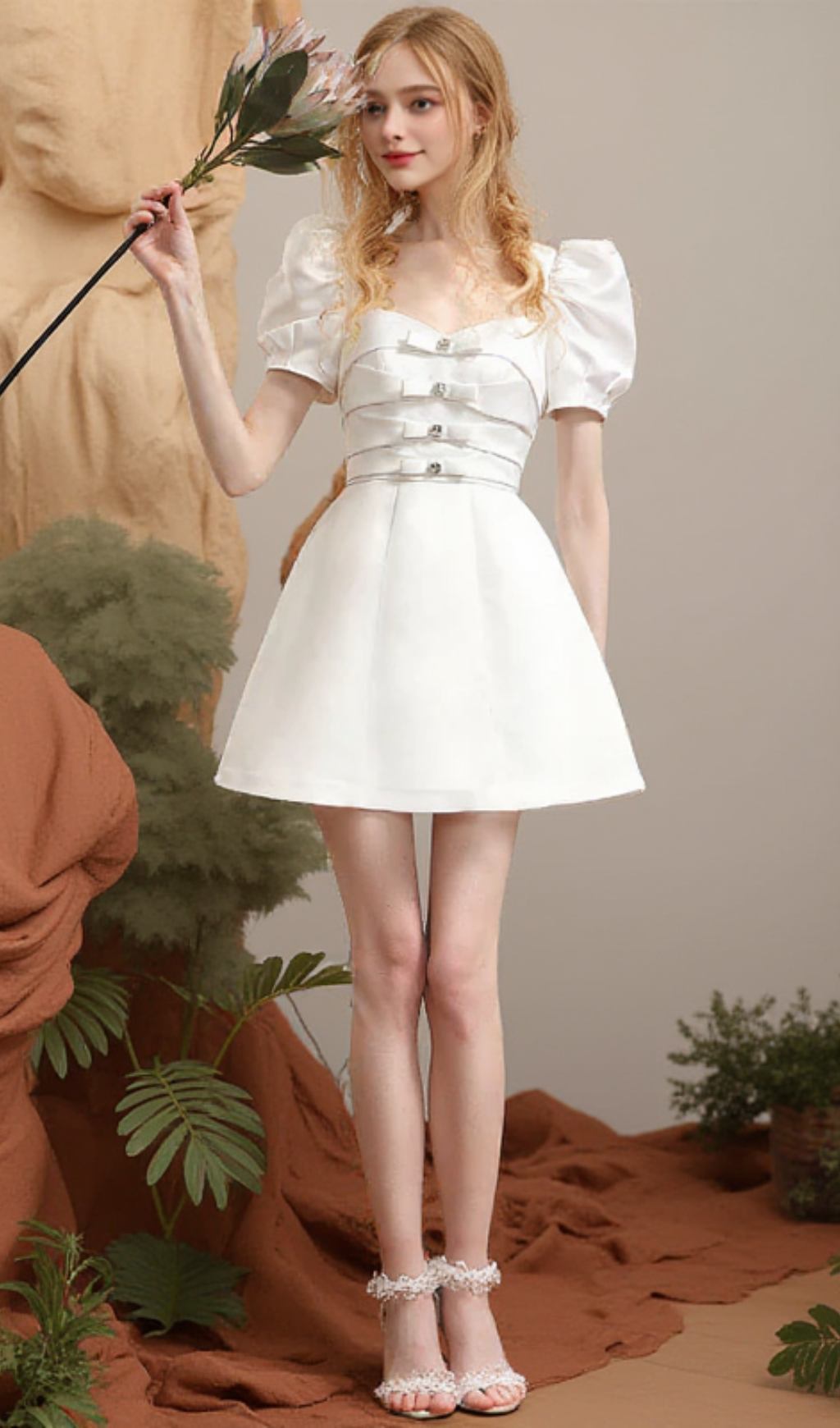 Ribbon Puff-sleeve Princess A-line Derss in white