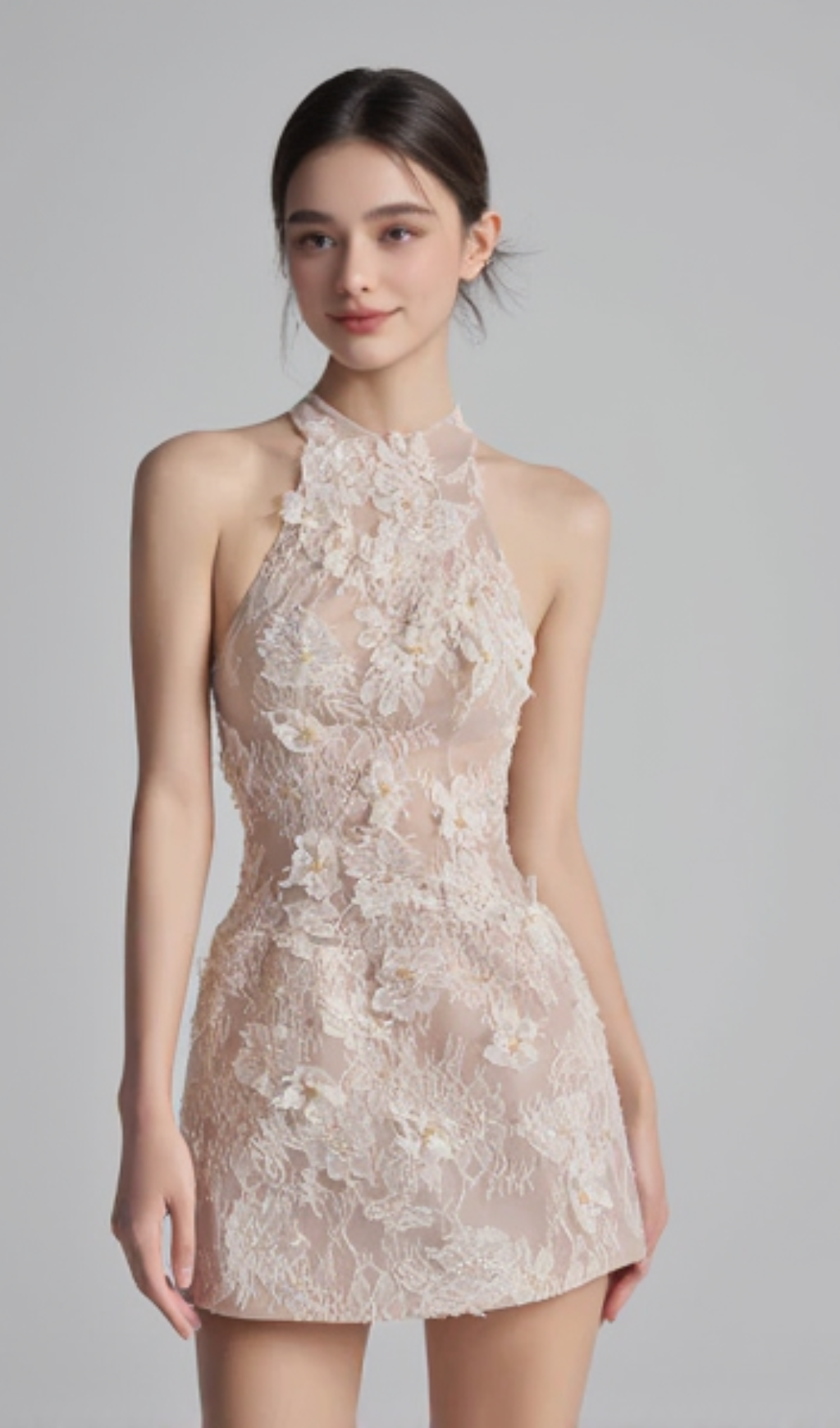 Floral Lace Mini Dress In Beige Orange