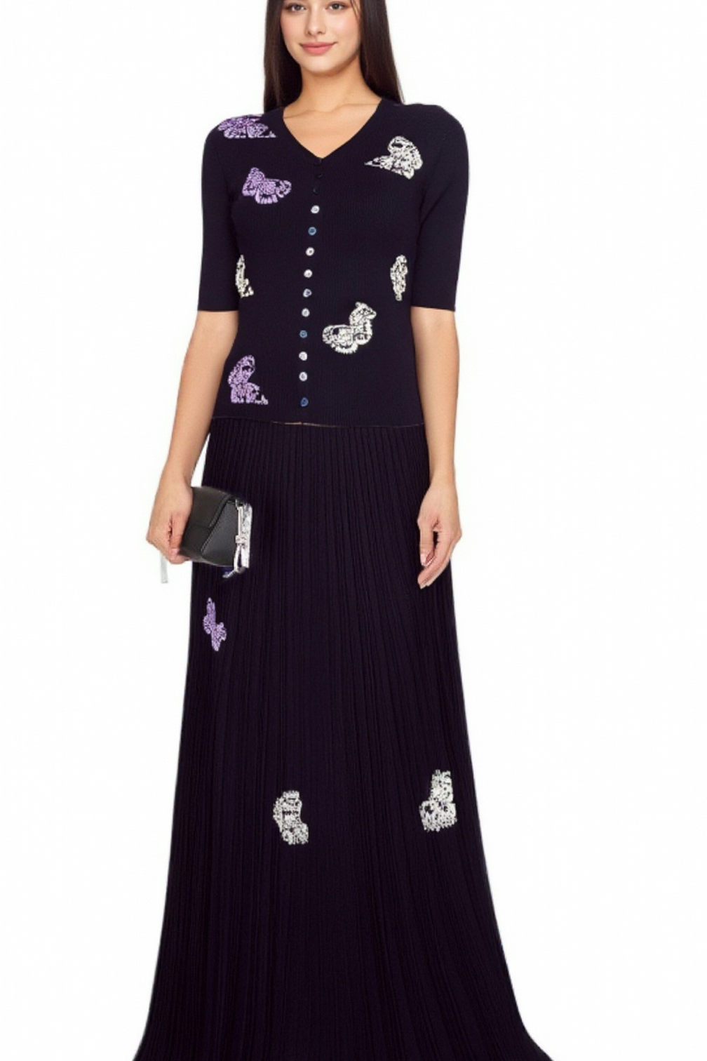 Delphine butterfly ribbed-knit top & skirt matching set