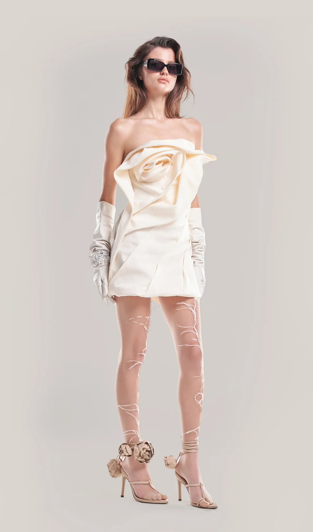 Alisa strapless flower mini dress in apricot