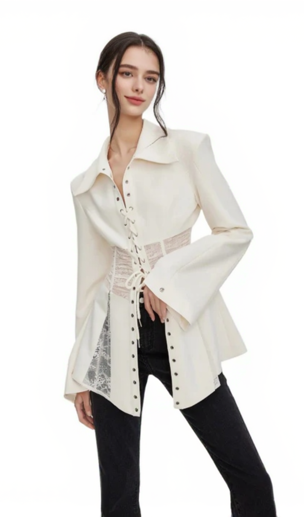Melany See Through Lace Up Shirt in White