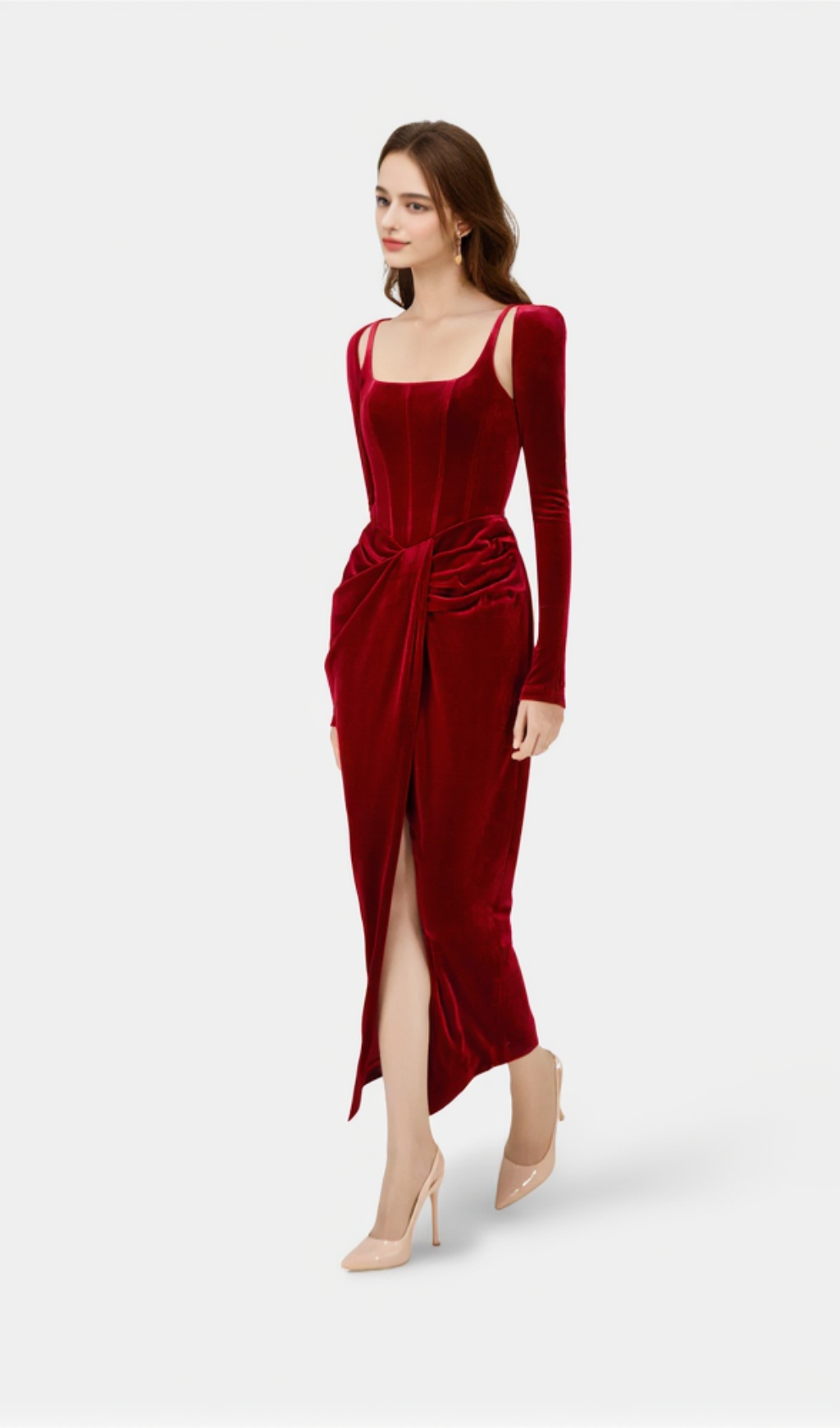 Bordeaux Velvet Draped midi Dress