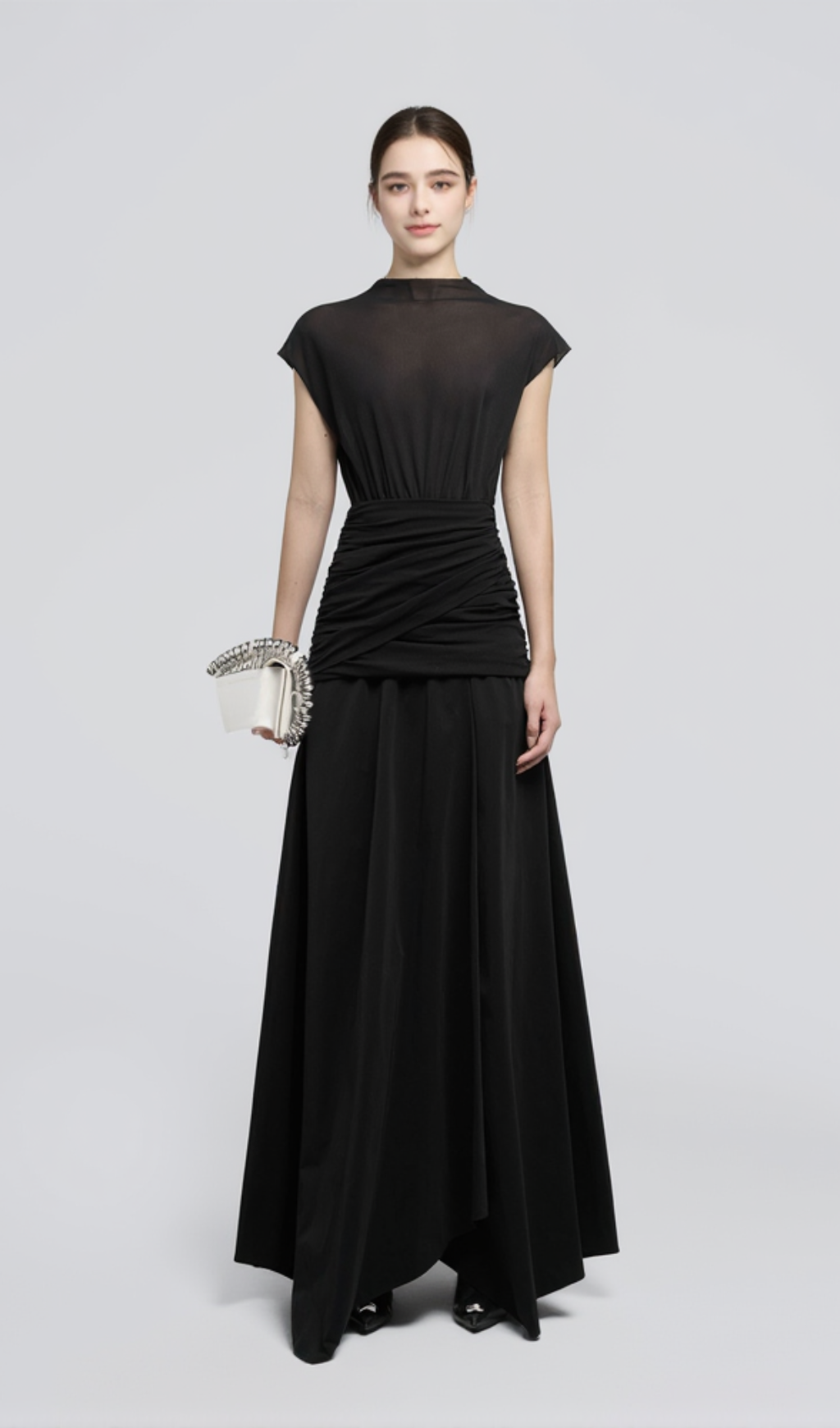 black Waist cross pleats midi dress with asymmetric hemline