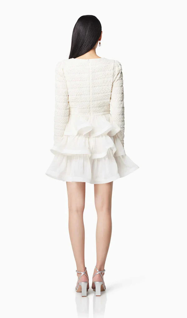 Ruffle trim Long Sleeved Mini Dress in white