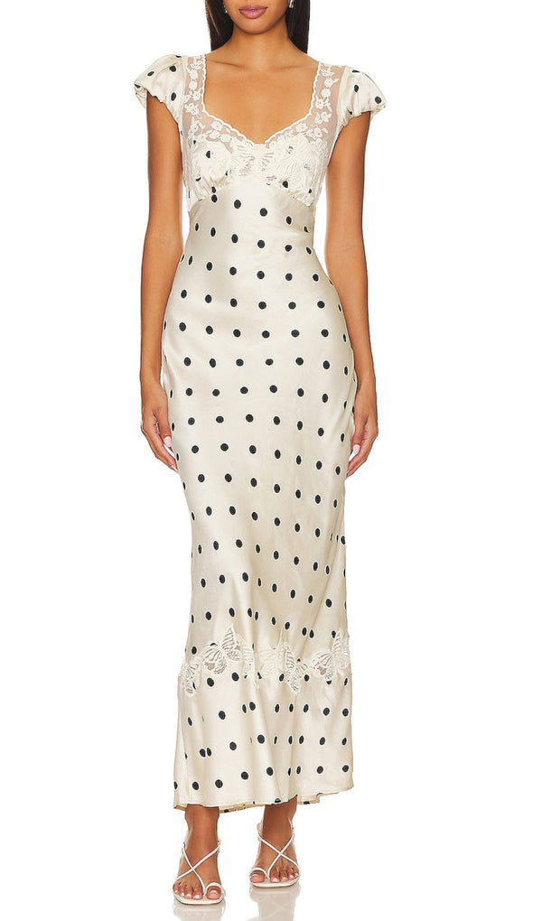 BUTTERFLY EMBELLISHED POLKA DOT CUTOUT MAXI DRESS