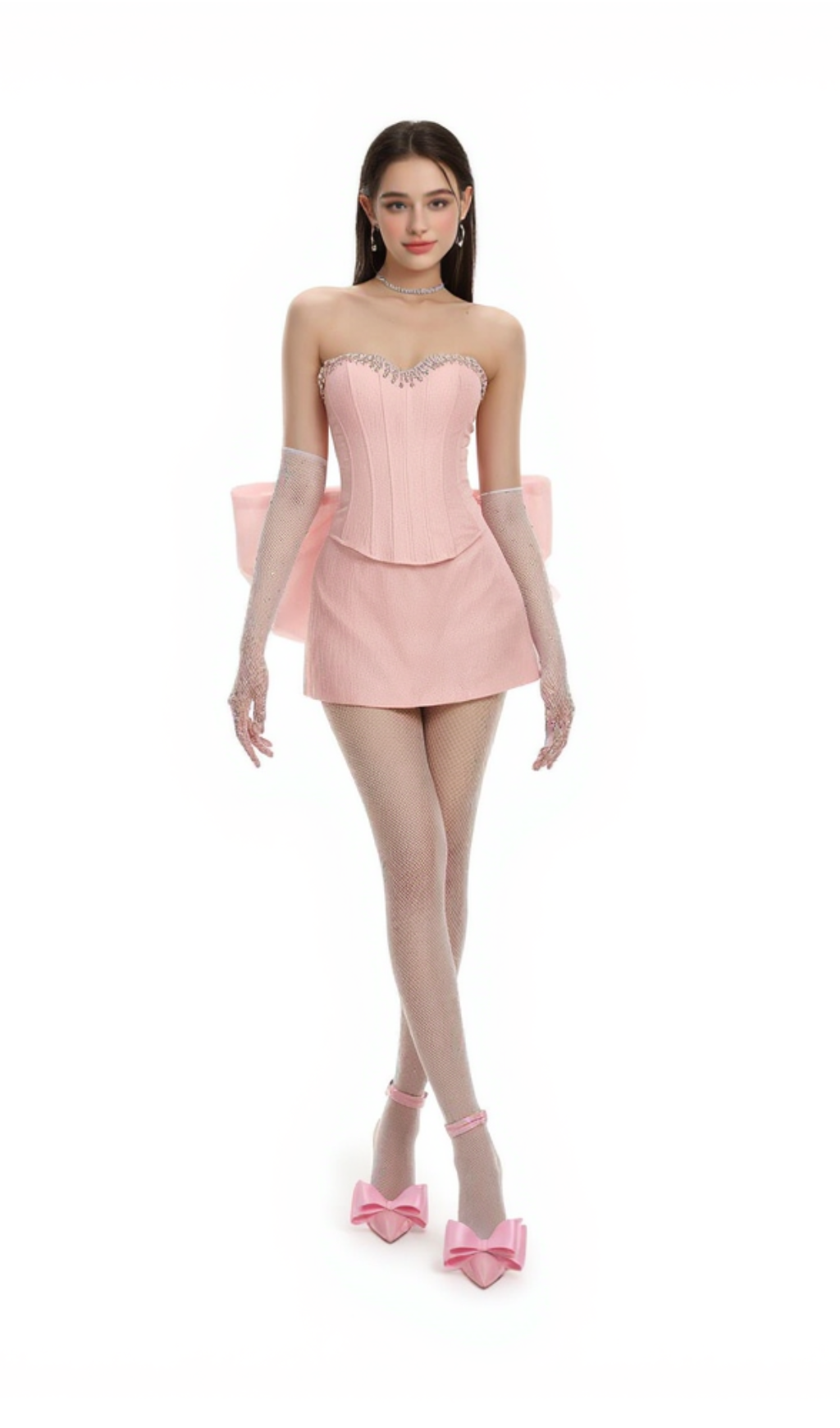 back bowknot embellished skirt suit in pink