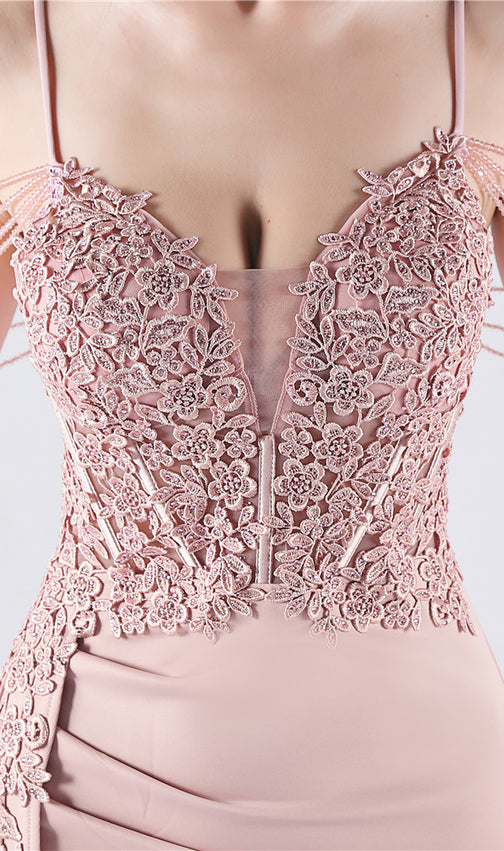 Chofa Pink Flower Bead Corset Maxi Dress