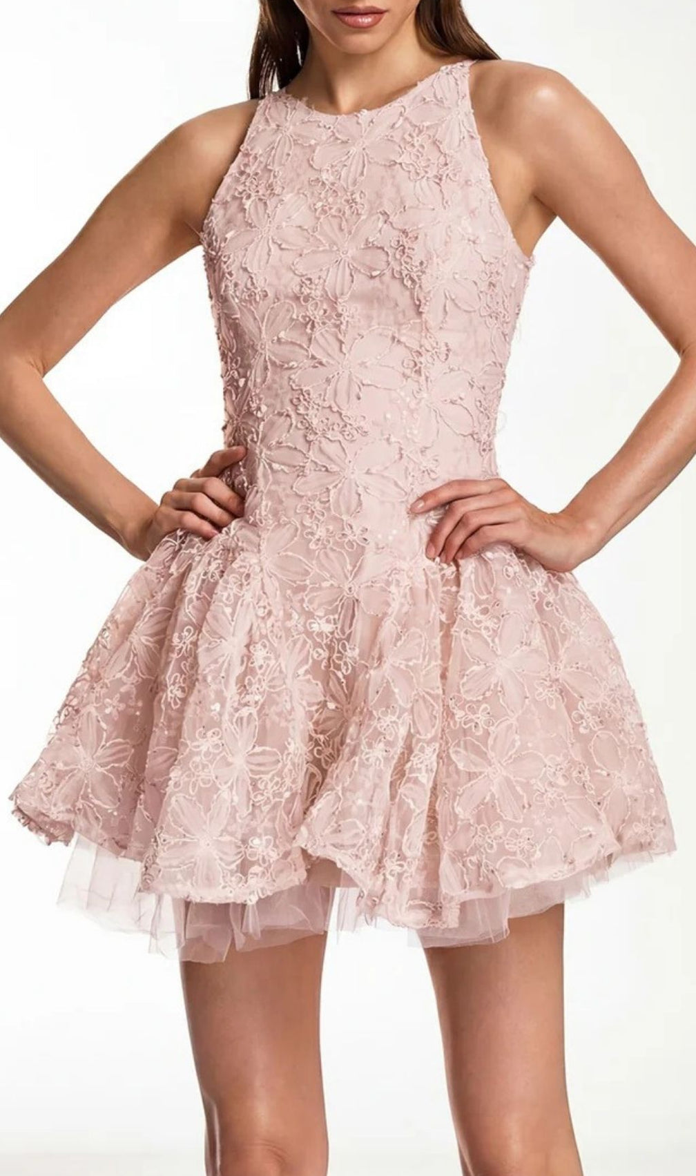 Katsumi Pink Floral Lace Halter Mini Dress | Romantic Party & Cocktail