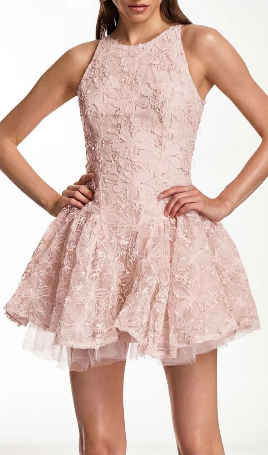 Katsumi Pink Floral Lace Halter Mini Dress | Romantic Party & Cocktail