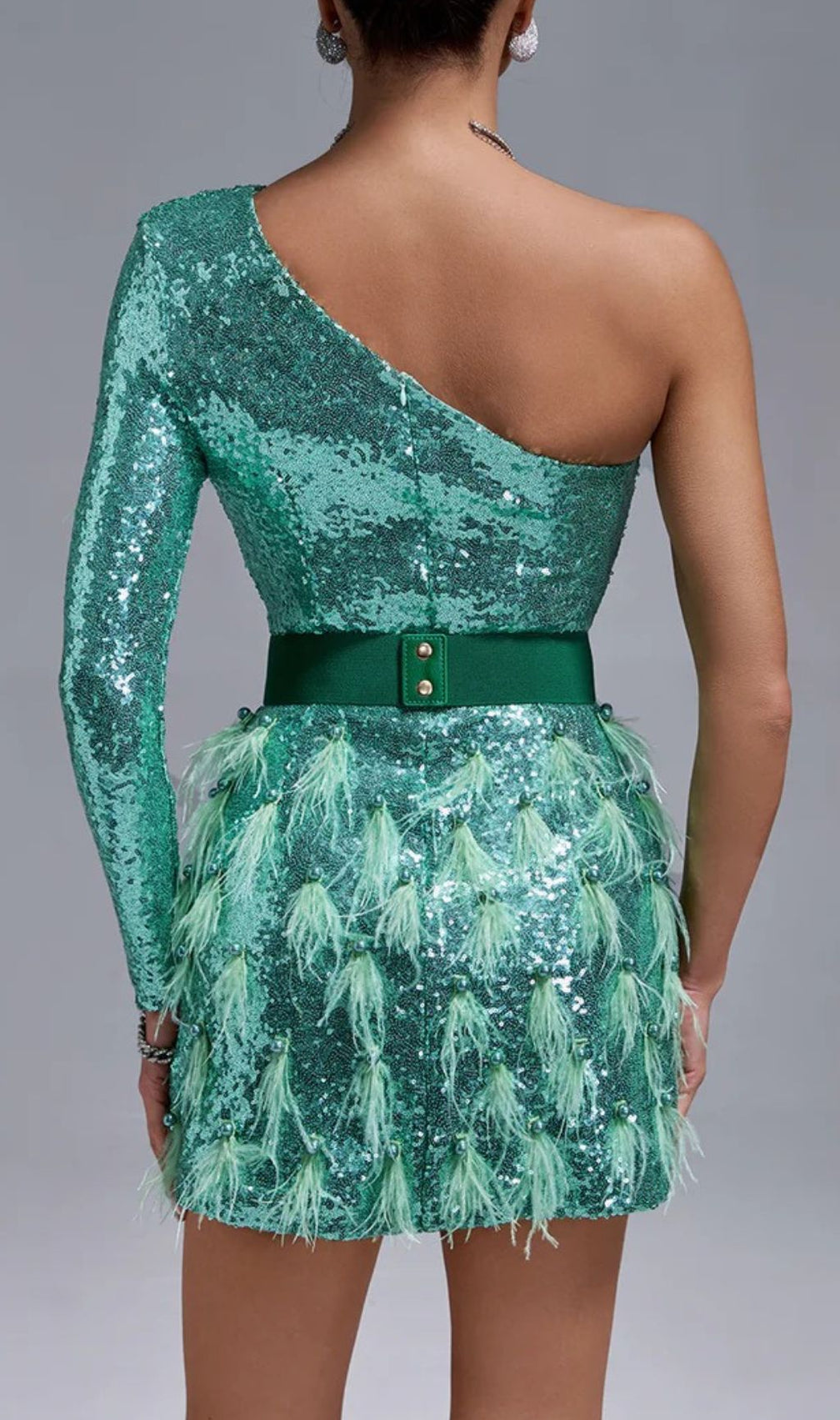 Akanksha Dazzling Green Sequin & Feather One-Shoulder Mini Dress