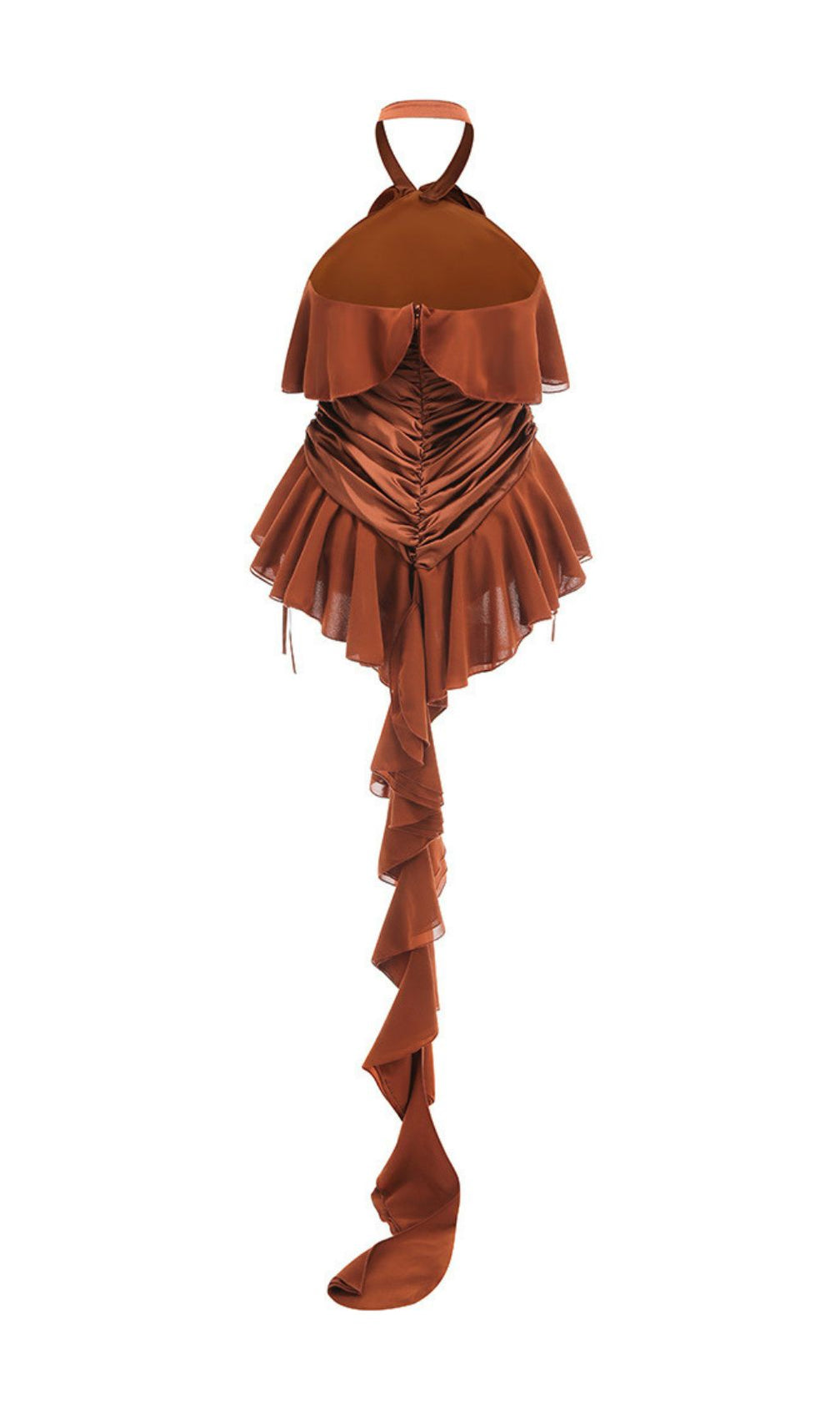 Jerom Opulent Brown Halter Ruched Mini Dress with Rosette Detail