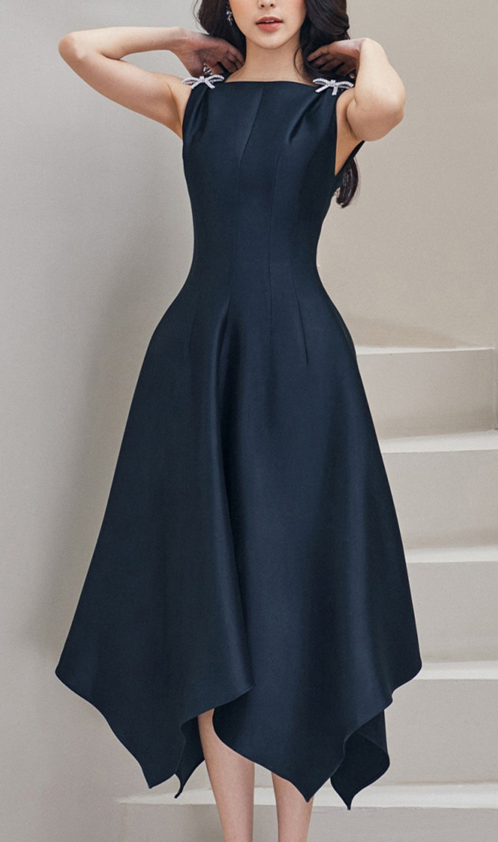Black Butterfly Sleeveless High Waist Irregular Swing Midi Dress