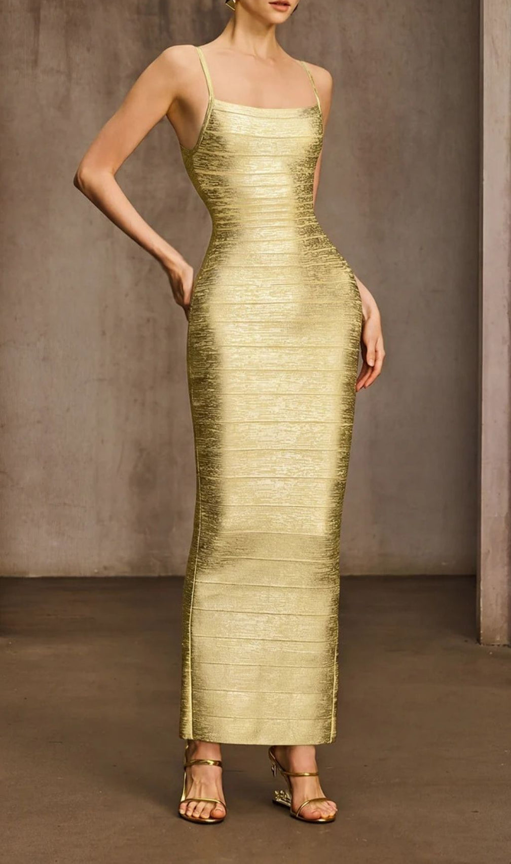 Donyelle Luxe Gold Bodycon Maxi Dress | Spaghetti Strap Bandage Gown