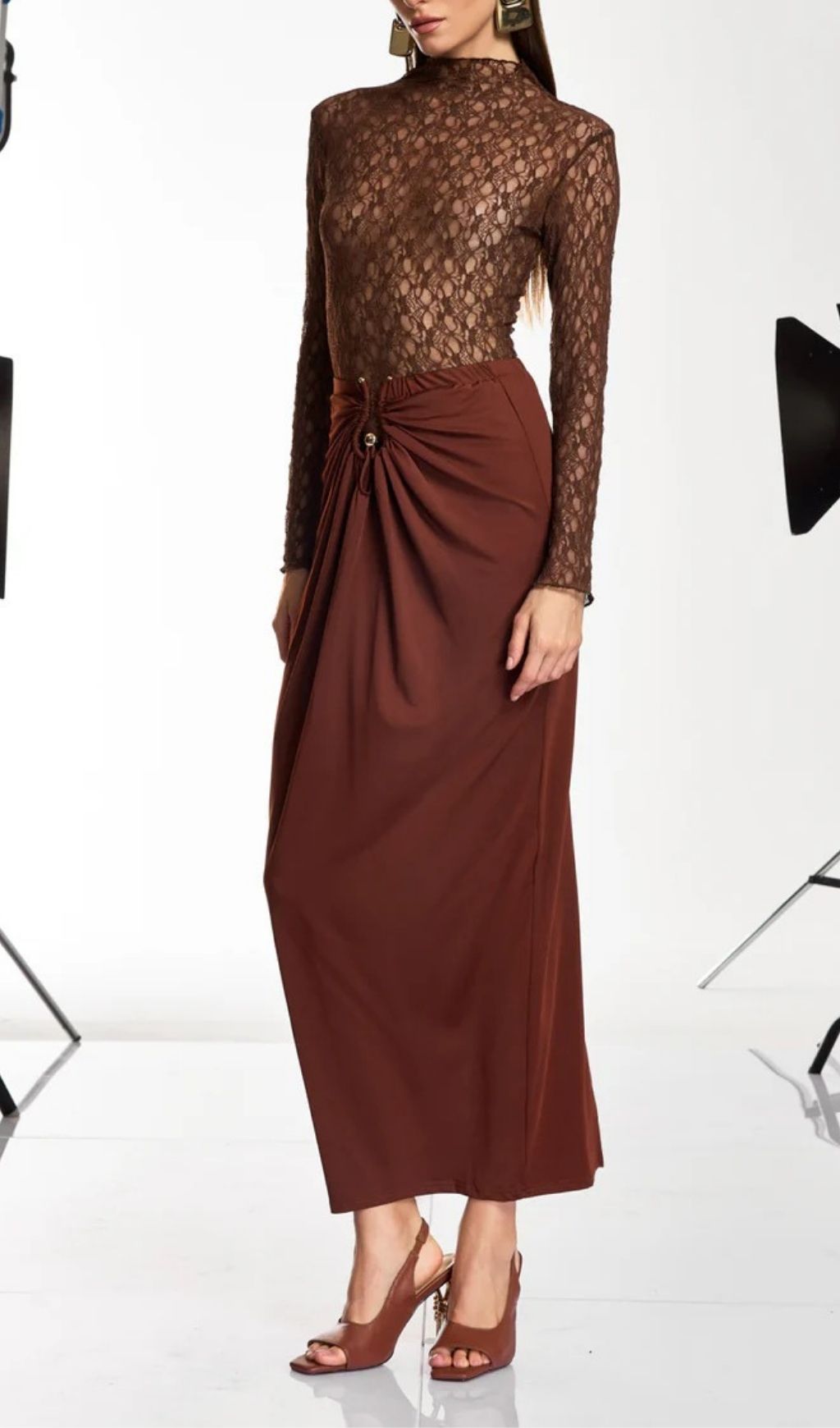 Darcila Luxe Lace Long Sleeve Top & Ruched Maxi Skirt Set