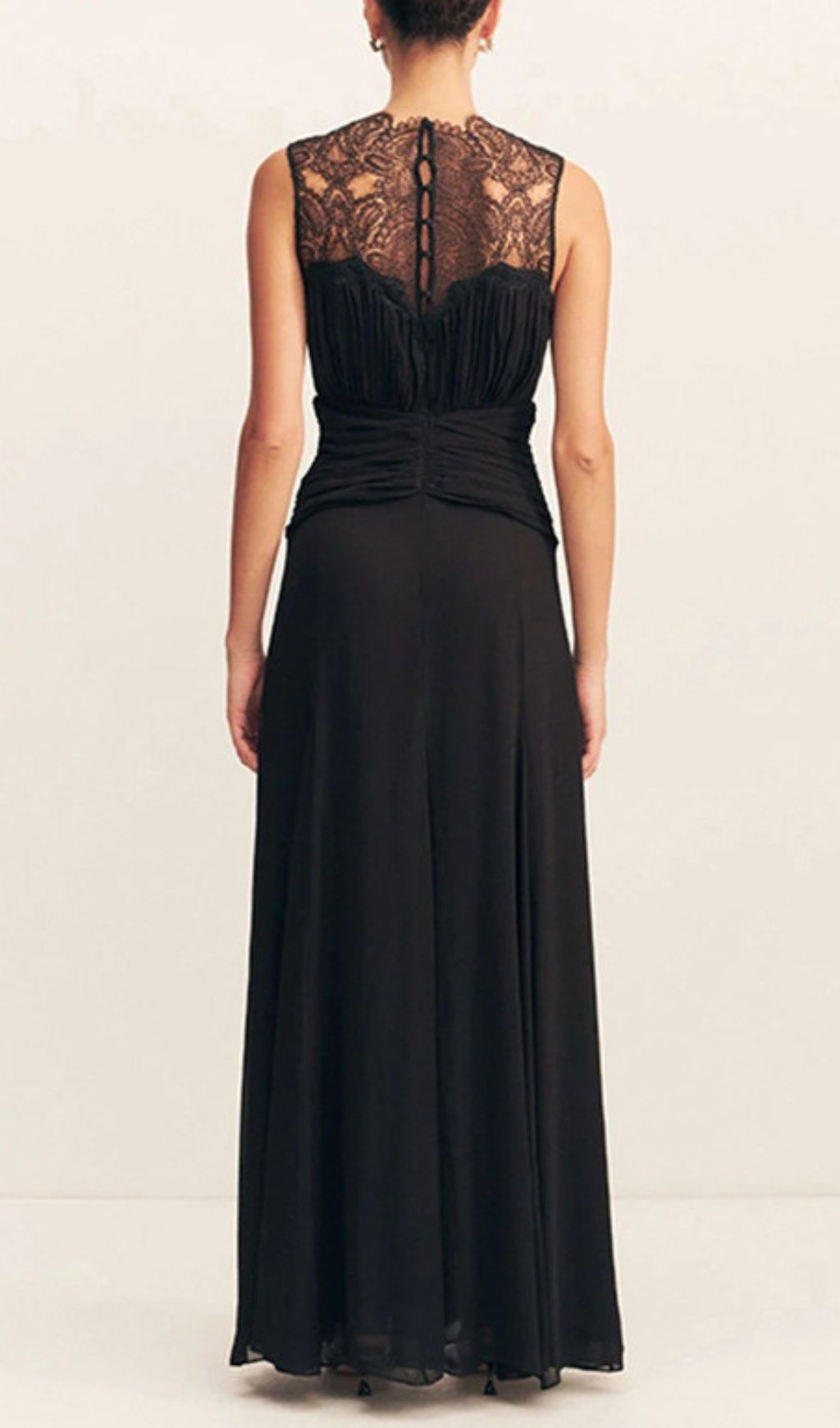 Iona Elegant Black Lace Ruched Sleeveless Maxi Gown