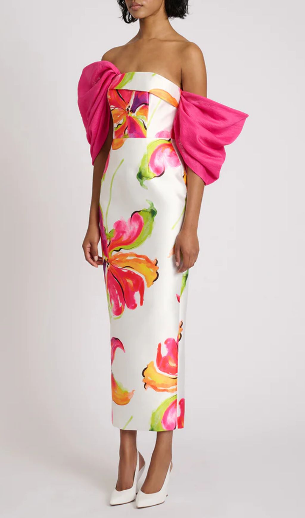 Aldrich Floral Off-Shoulder Midi Dress | Dramatic Pink Ruffle Sleeves