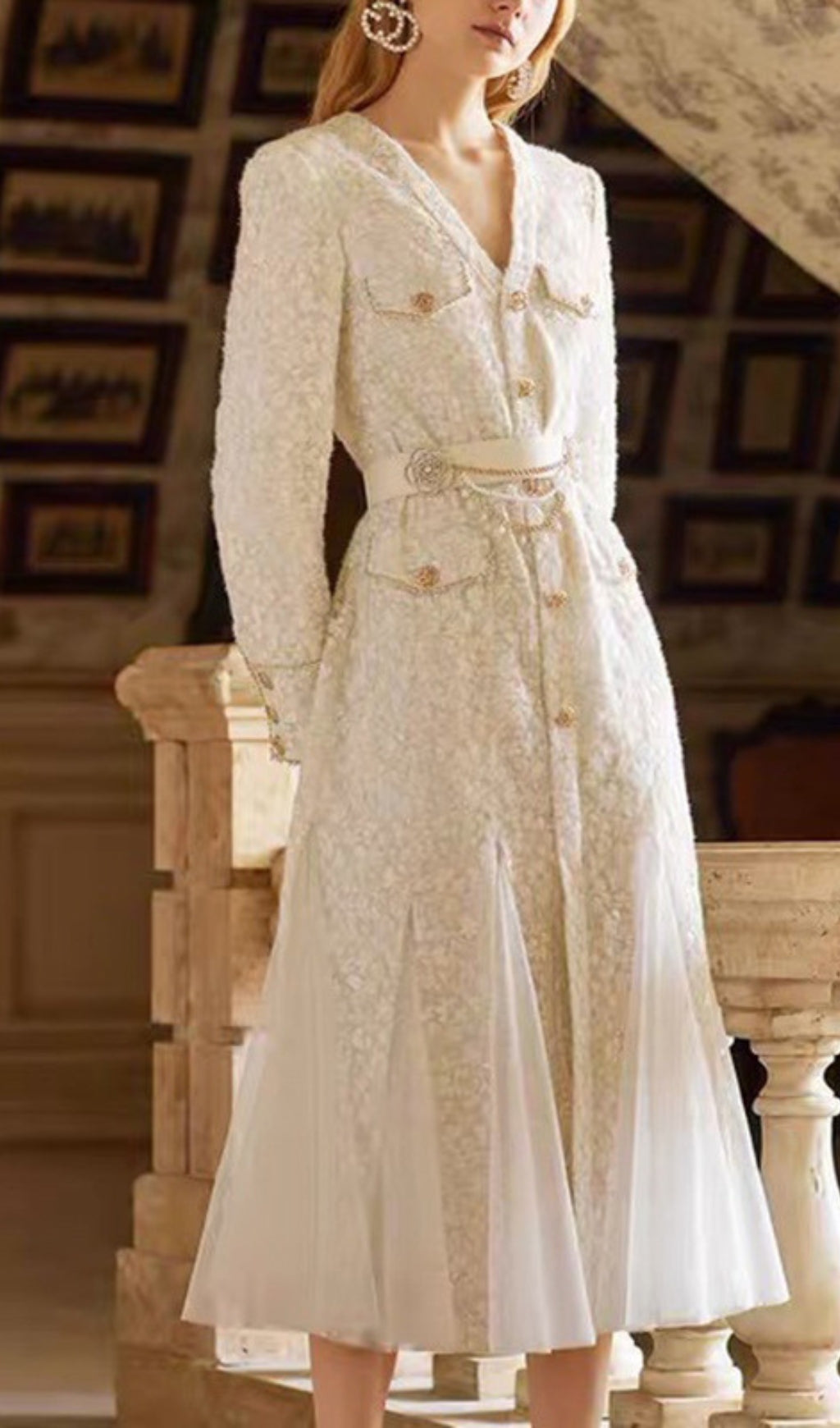 Beige Light Luxury Mesh Fishtail Lace Thickened Dress